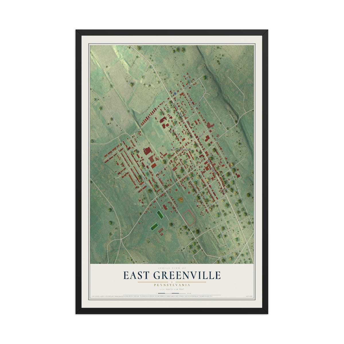 Map of East Greenville, Pennsylvania, 12 x 18 inch print in a black wood frame