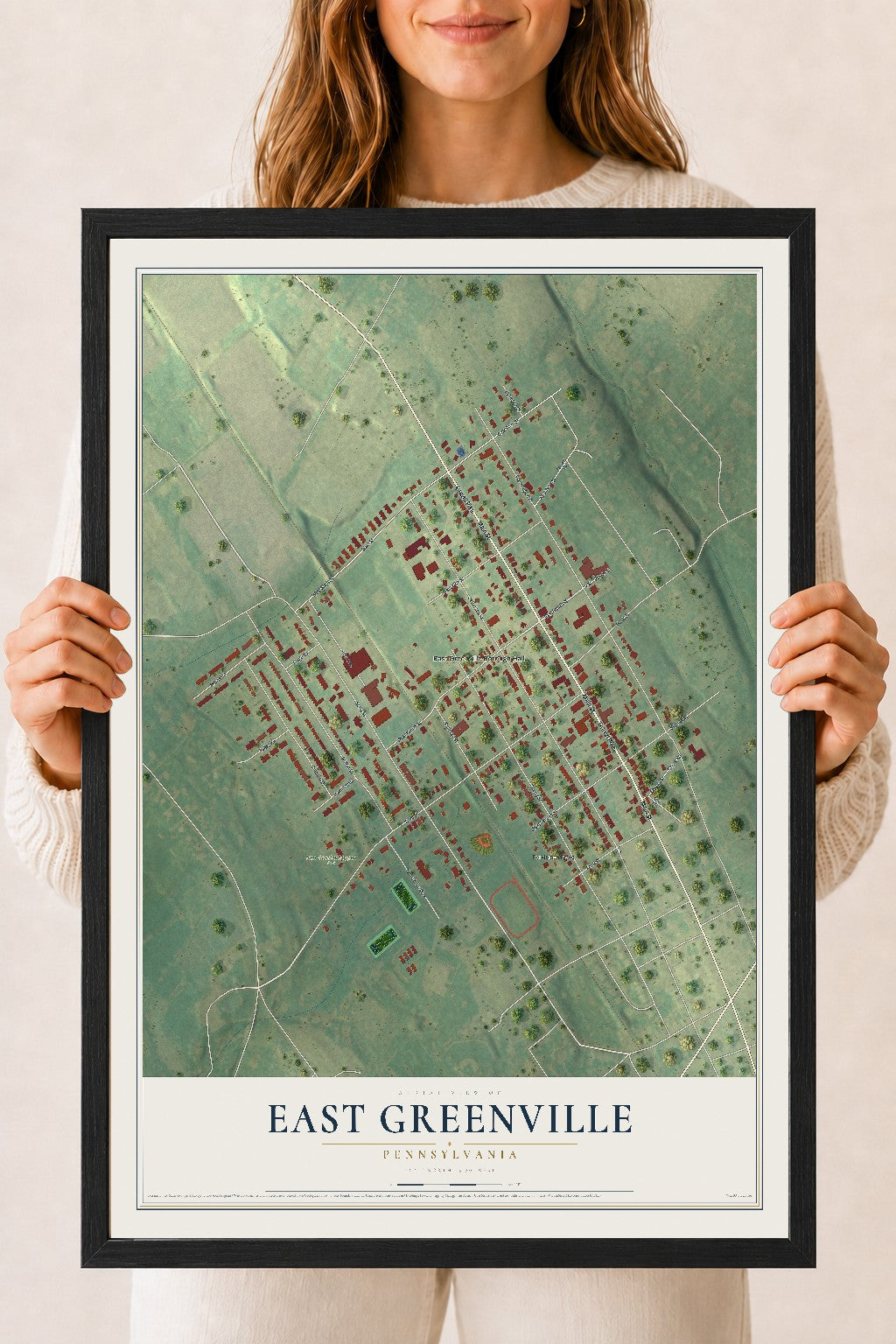 Map of East Greenville, Pennsylvania, 18 x 24 inch print in a black wood frame