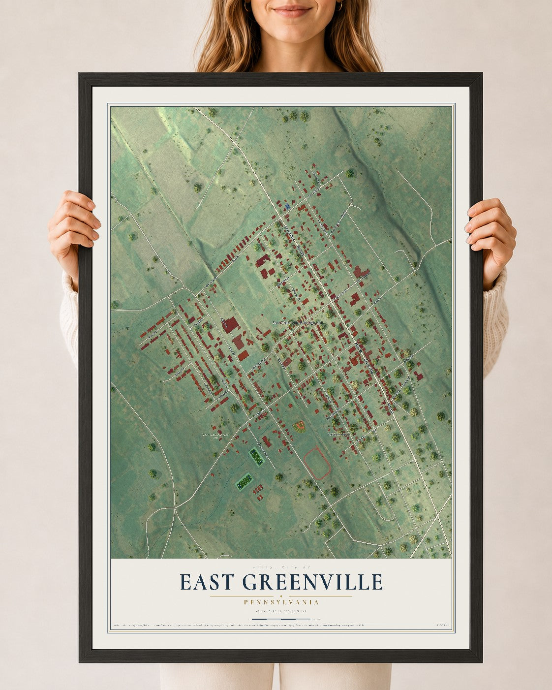 Map of East Greenville, Pennsylvania, 24 x 36 inch print in a black wood frame