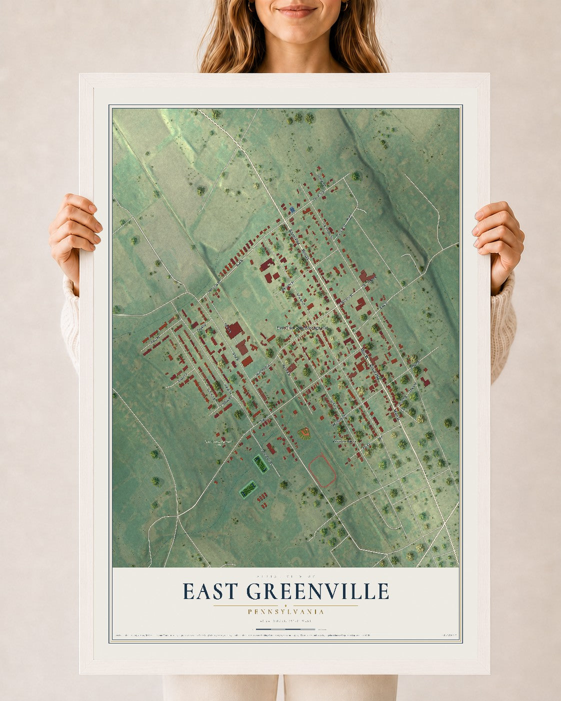 Map of East Greenville, Pennsylvania, 24 x 36 inch print in a white wood frame