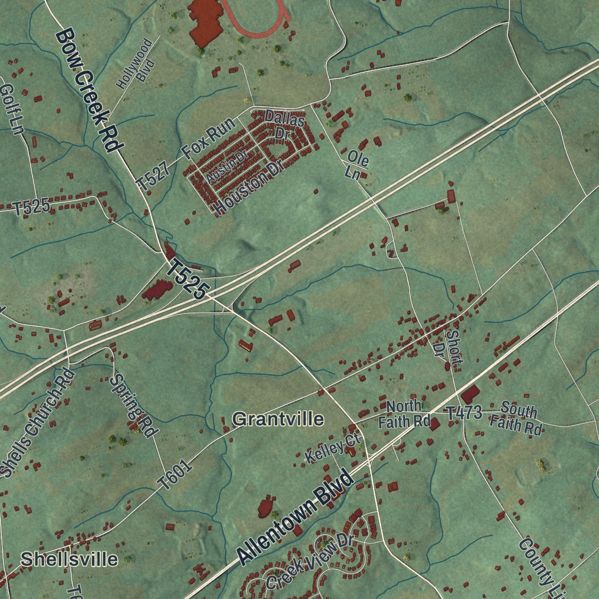 Close-up of the map of East Hanover, Dauphin County, Pennsylvania print showing street and building detail