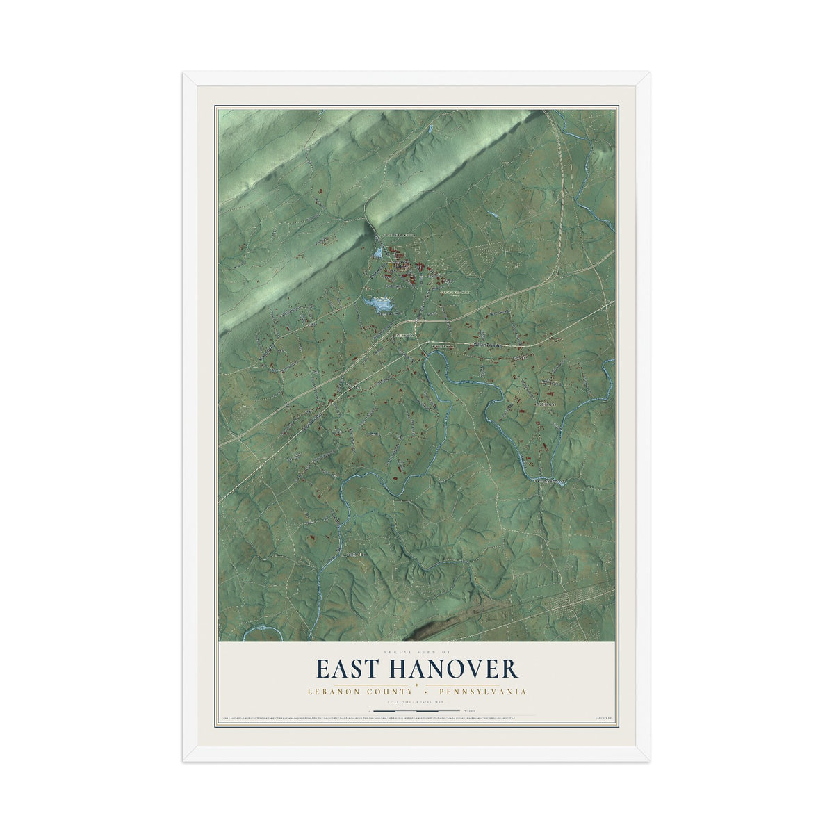 Map of East Hanover, Lebanon County, Pennsylvania, 12 x 18 inch print in a white wood frame