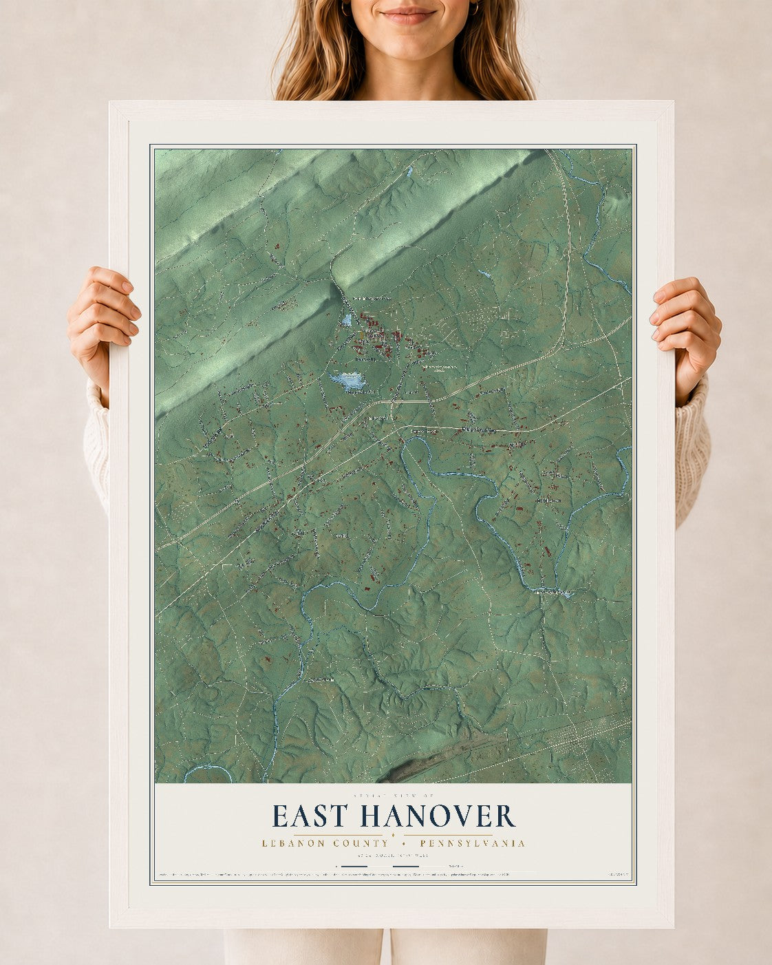 Map of East Hanover, Lebanon County, Pennsylvania, 24 x 36 inch print in a white wood frame