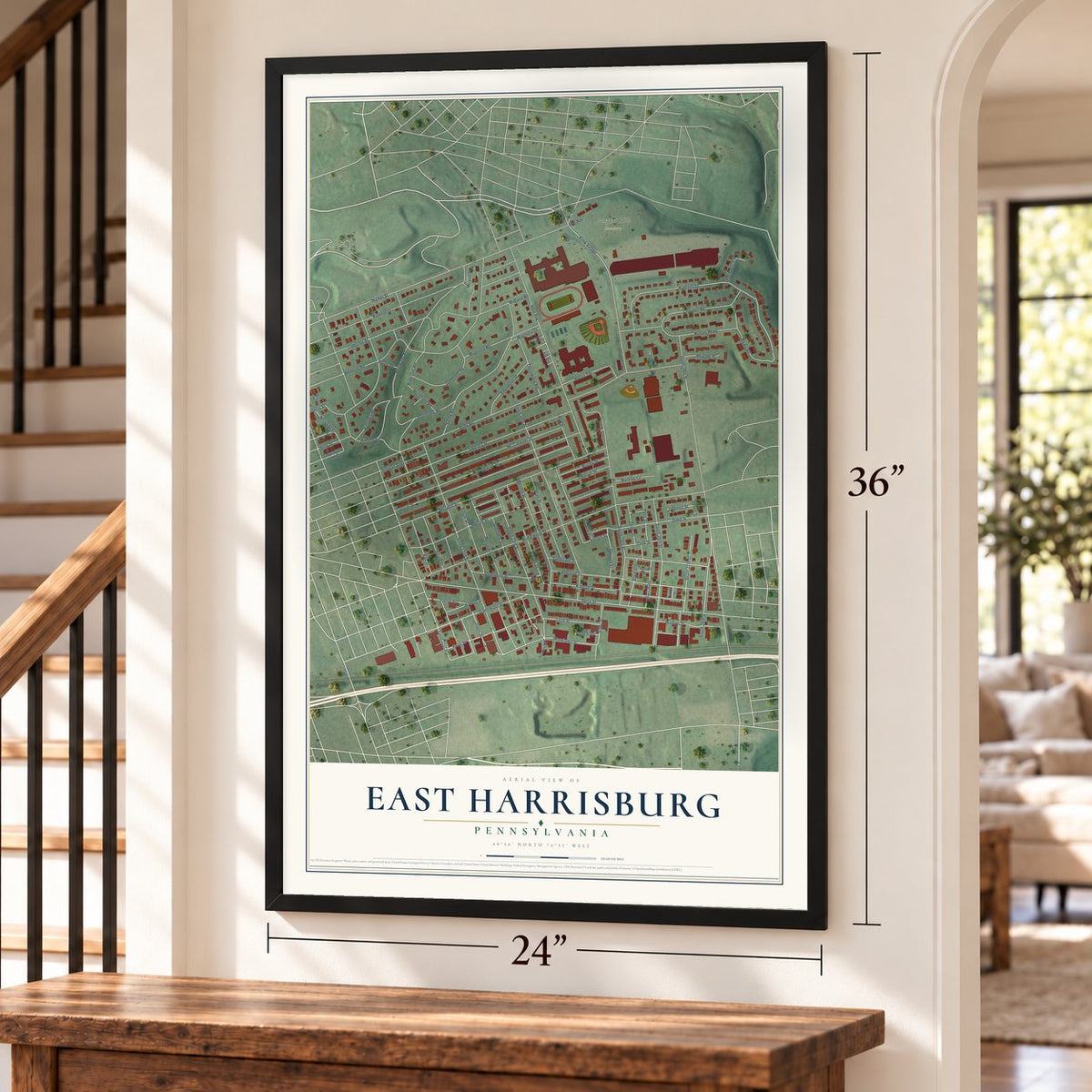 East Harrisburg, Pennsylvania map, 24 x 36 inch print in a black frame by a staircase