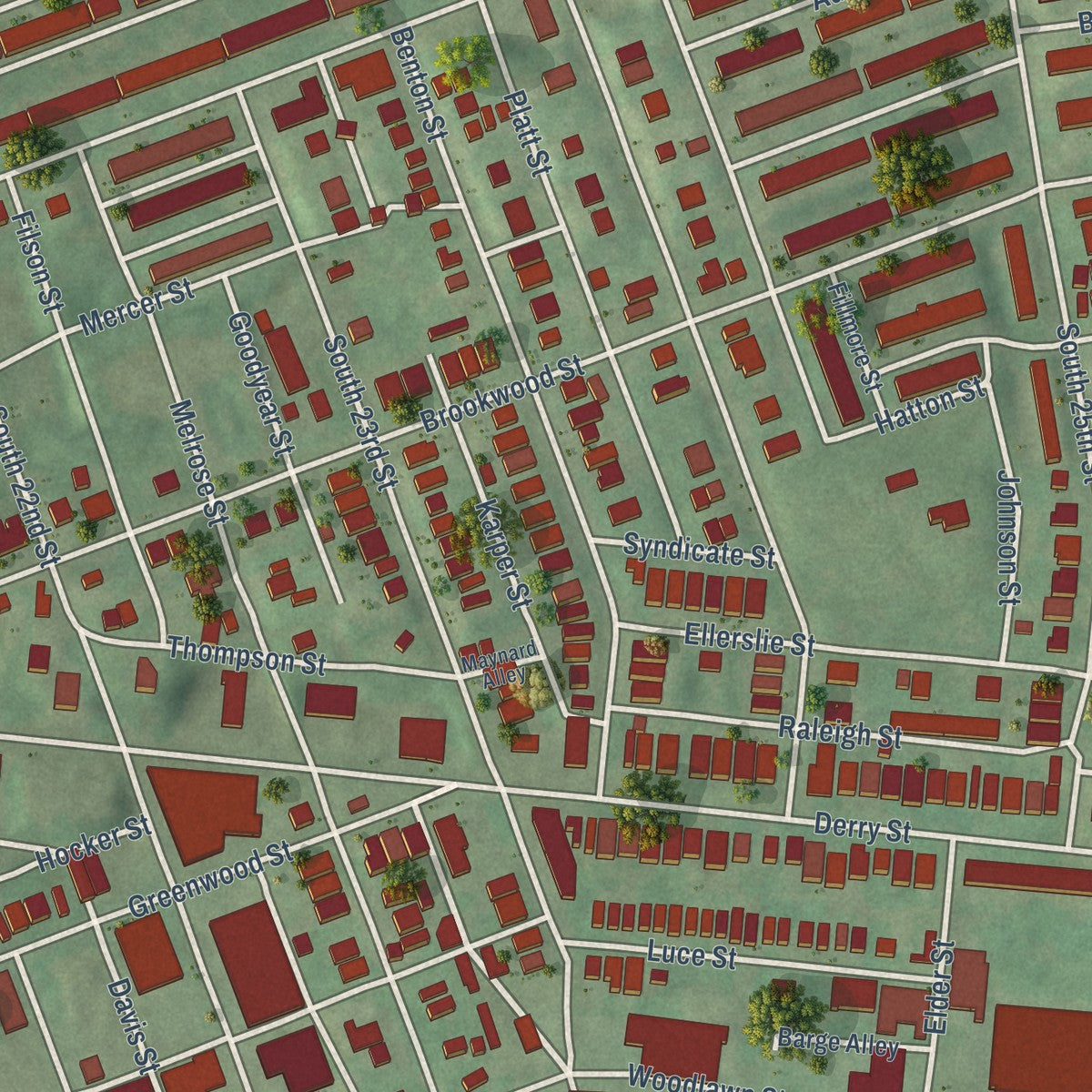 Close-up of the map of East Harrisburg, Pennsylvania print showing street and building detail