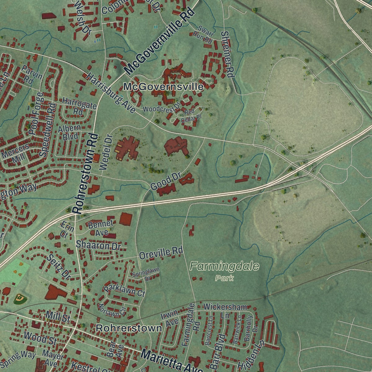 Second close-up of the map of East Hempfield, Pennsylvania print showing more streets and buildings