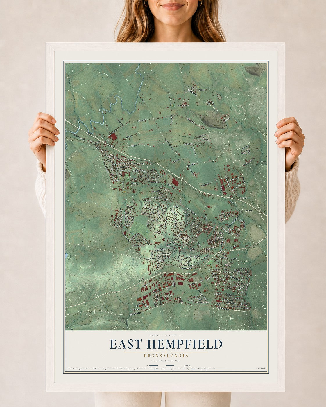 Map of East Hempfield, Pennsylvania, 24 x 36 inch print in a white wood frame