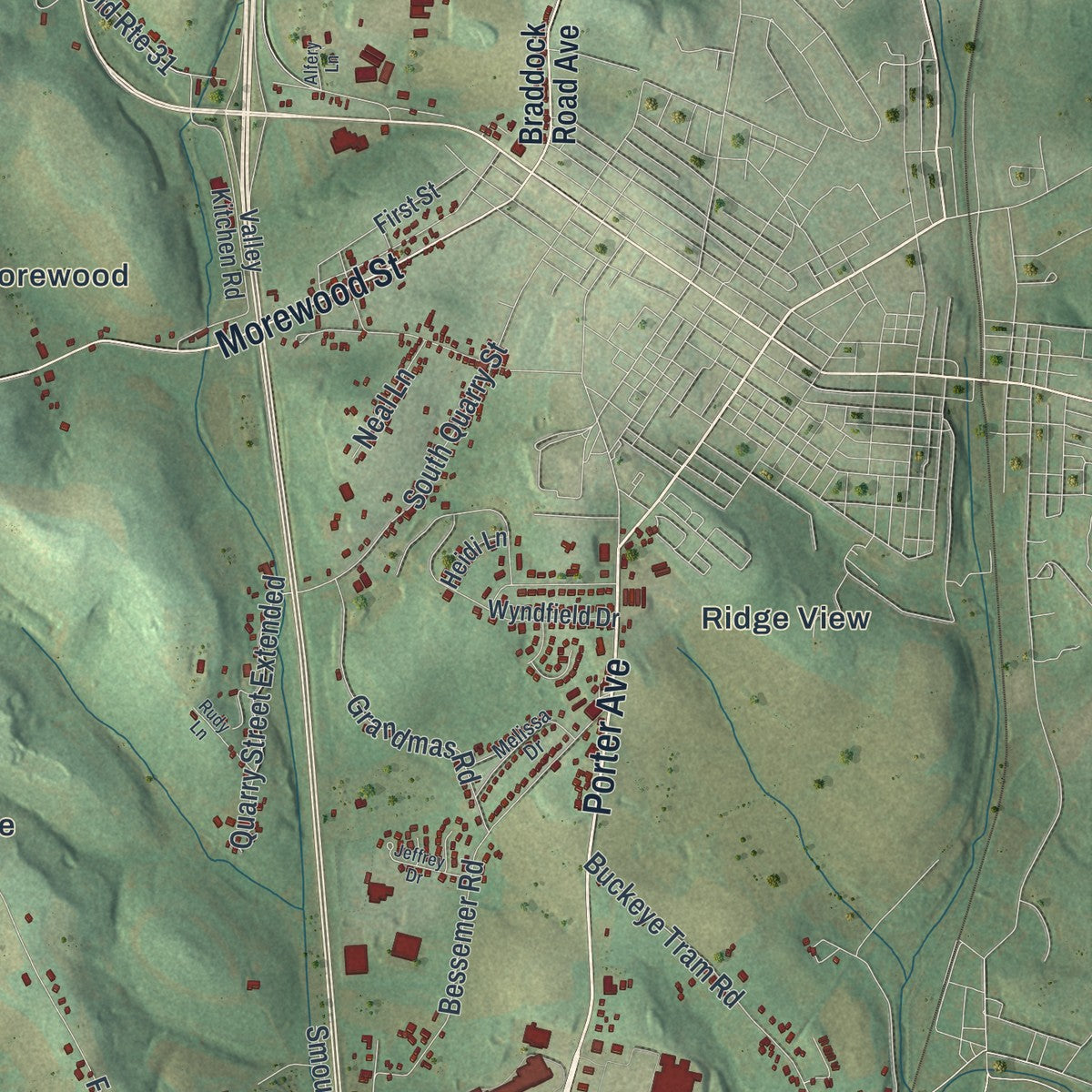 Close-up of the map of East Huntingdon, Pennsylvania print showing street and building detail