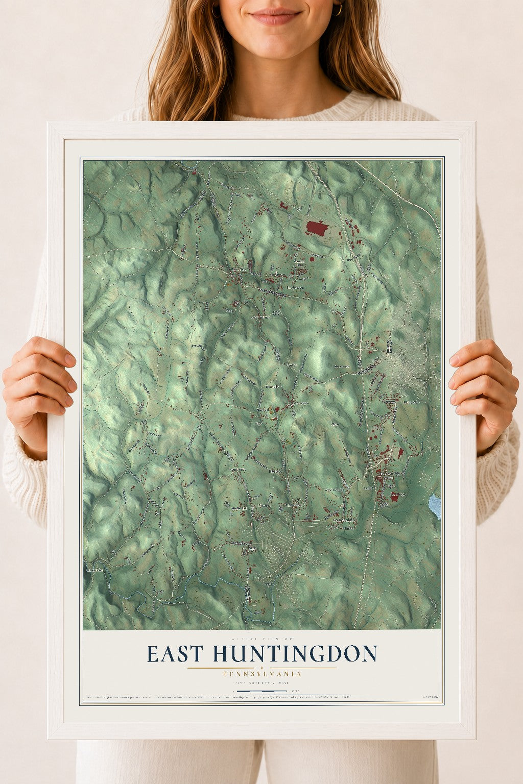 Map of East Huntingdon, Pennsylvania, 18 x 24 inch print in a white wood frame