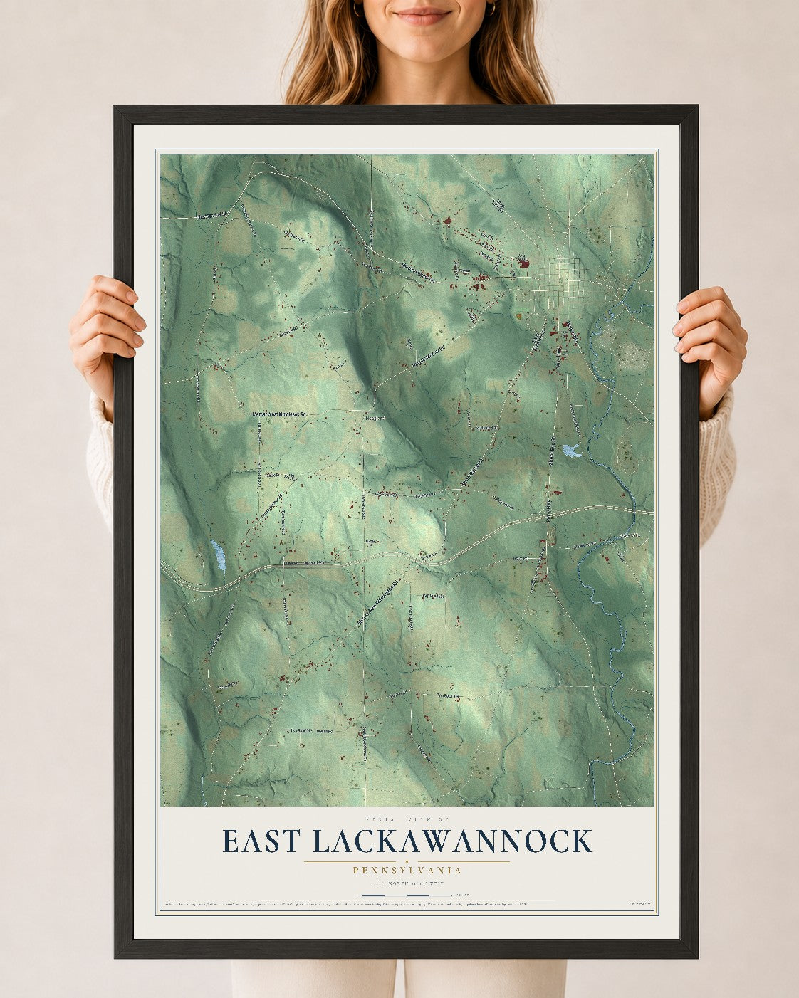 Map of East Lackawannock, Pennsylvania, 24 x 36 inch print in a black wood frame