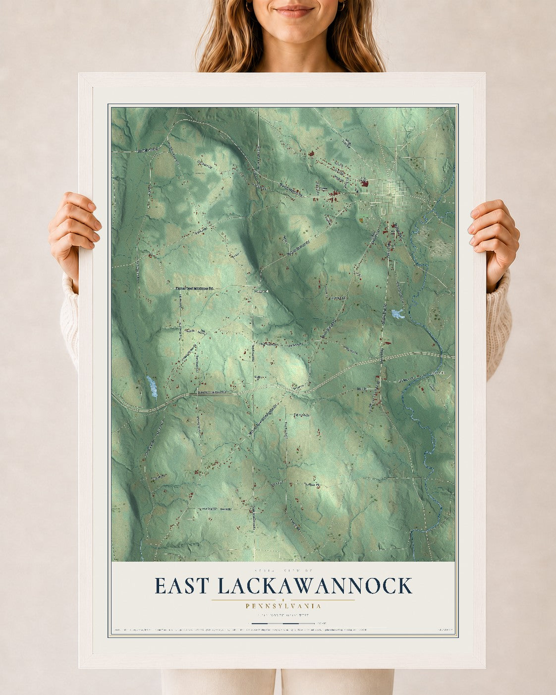 Map of East Lackawannock, Pennsylvania, 24 x 36 inch print in a white wood frame