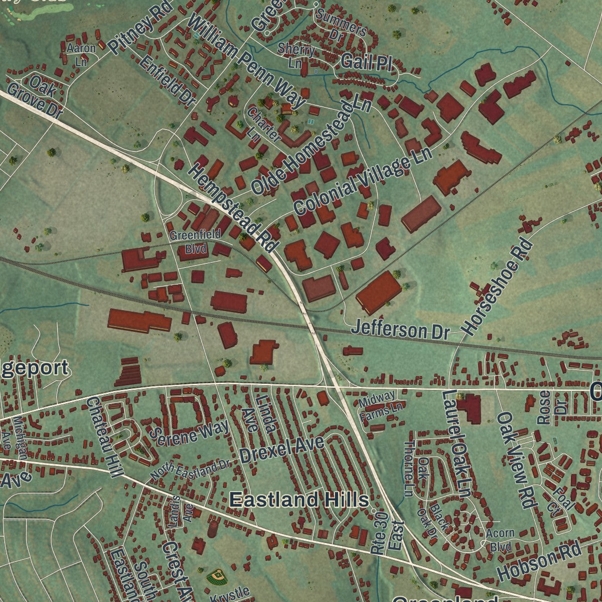 Close-up of the map of East Lampeter, Pennsylvania print showing street and building detail