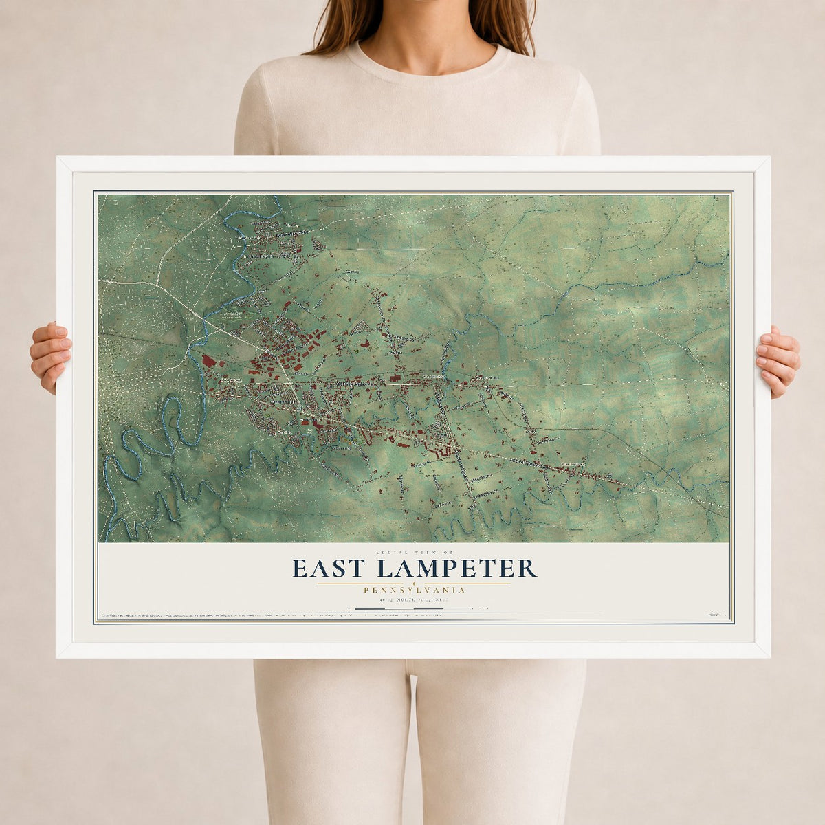 Map of East Lampeter, Pennsylvania, 24 x 36 inch print in a white wood frame