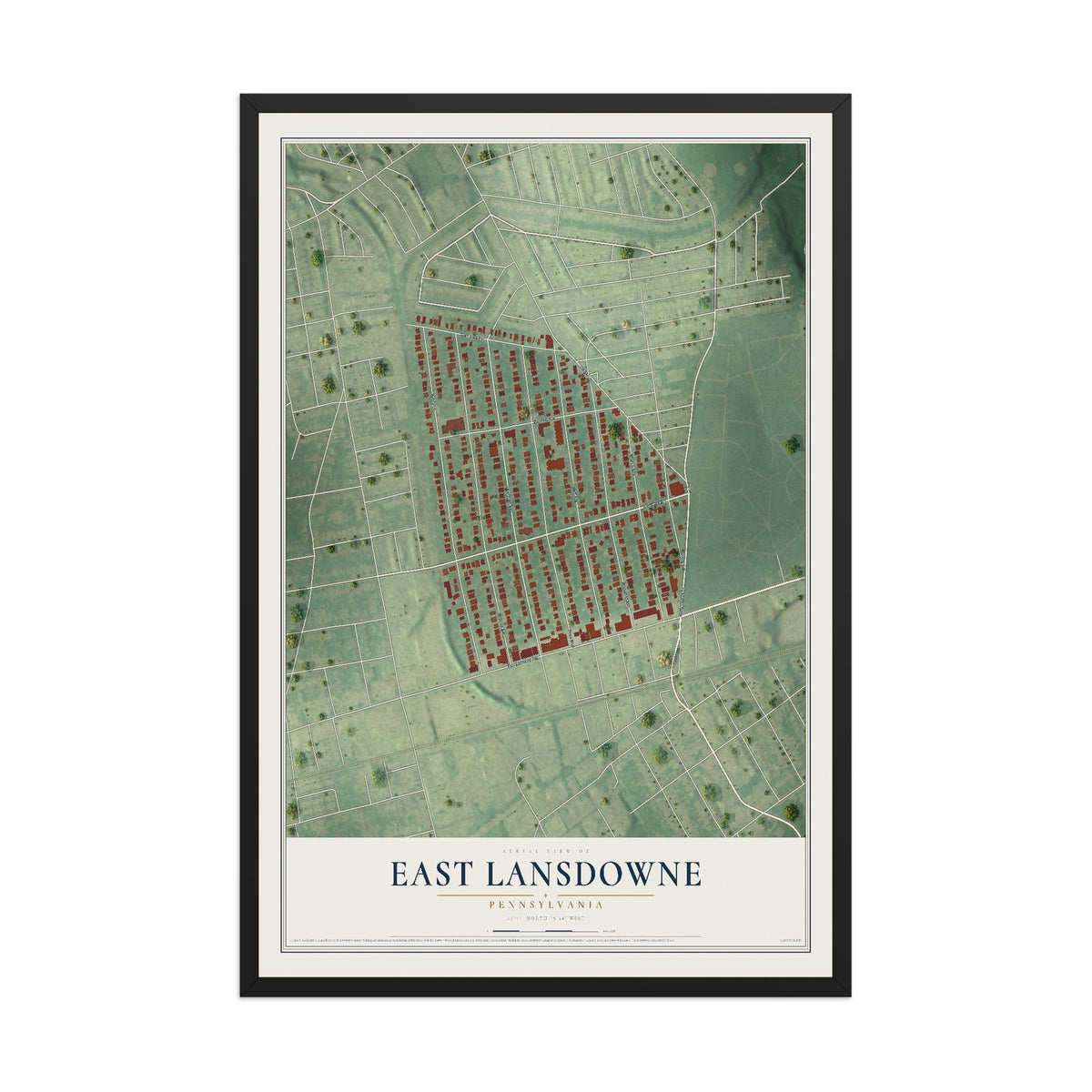 Map of East Lansdowne, Pennsylvania, 12 x 18 inch print in a black wood frame