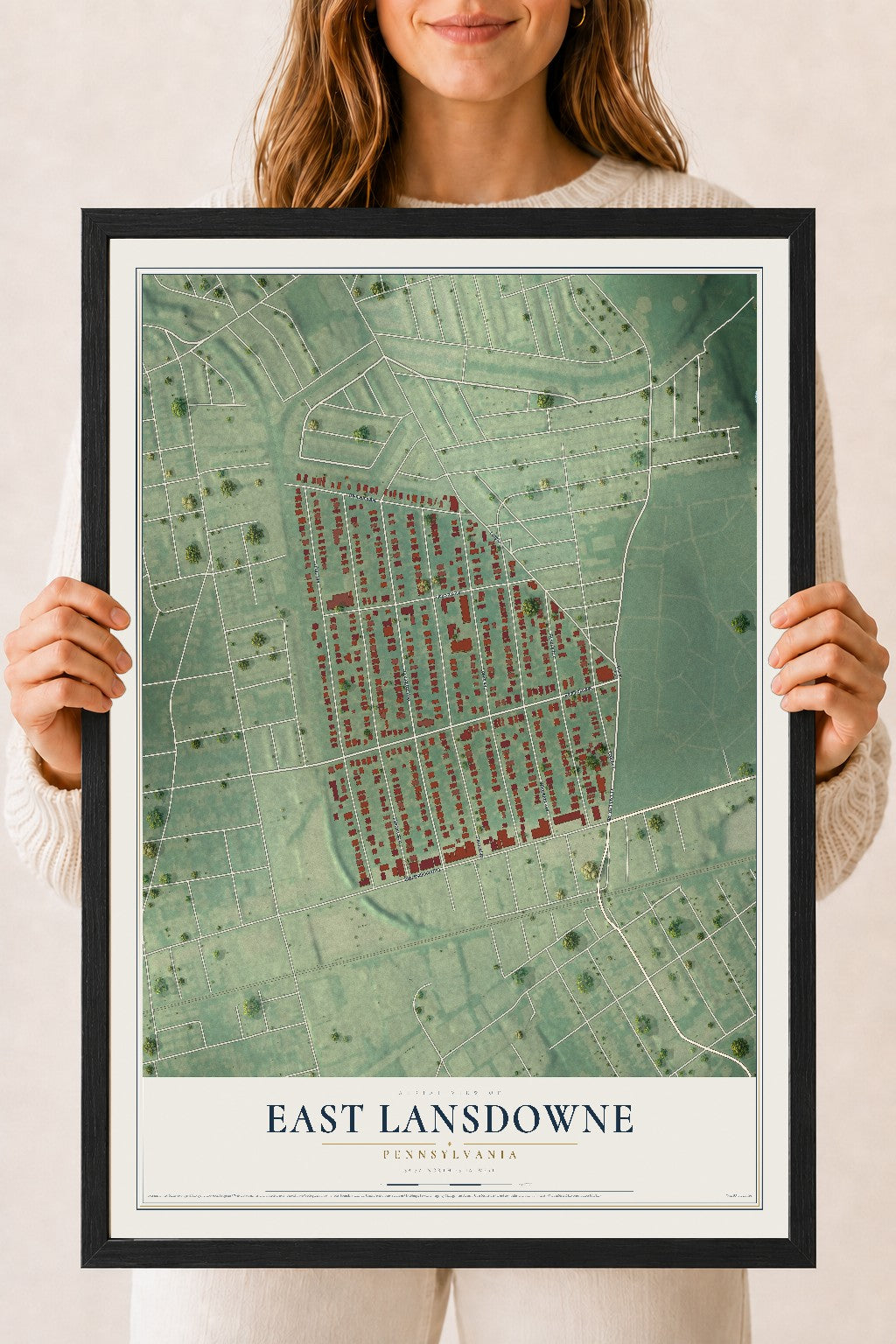 Map of East Lansdowne, Pennsylvania, 18 x 24 inch print in a black wood frame