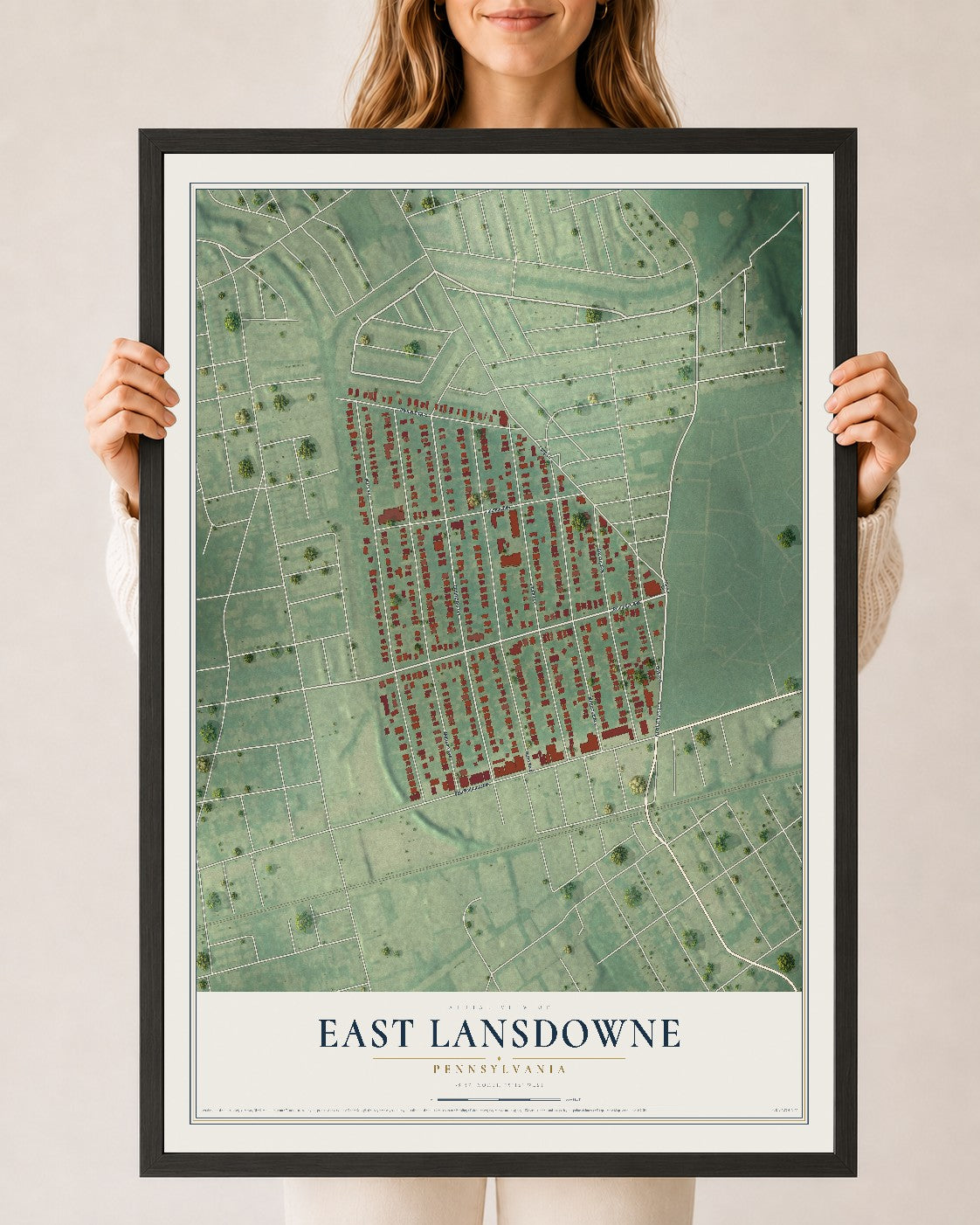 Map of East Lansdowne, Pennsylvania, 24 x 36 inch print in a black wood frame