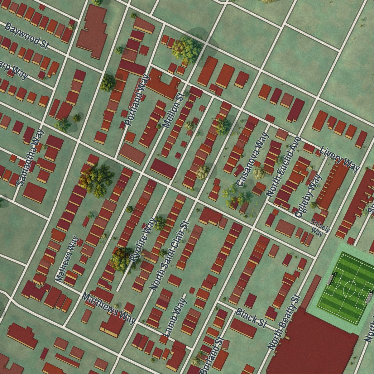 Close-up of the map of East Liberty, Pennsylvania print showing street and building detail