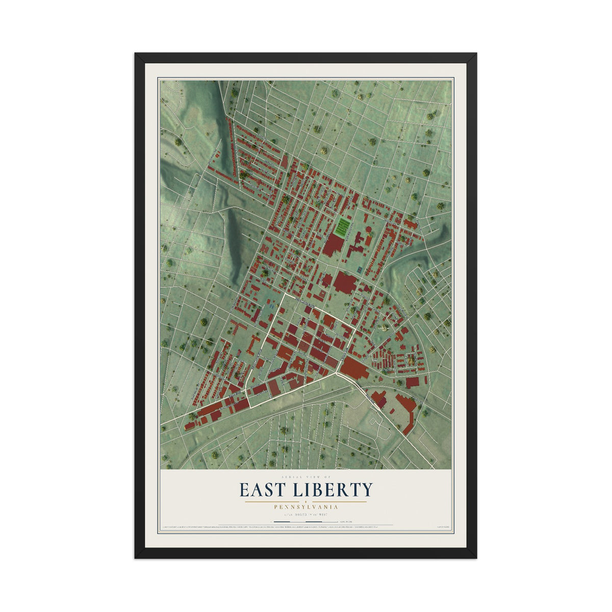 Map of East Liberty, Pennsylvania, 12 x 18 inch print in a black wood frame