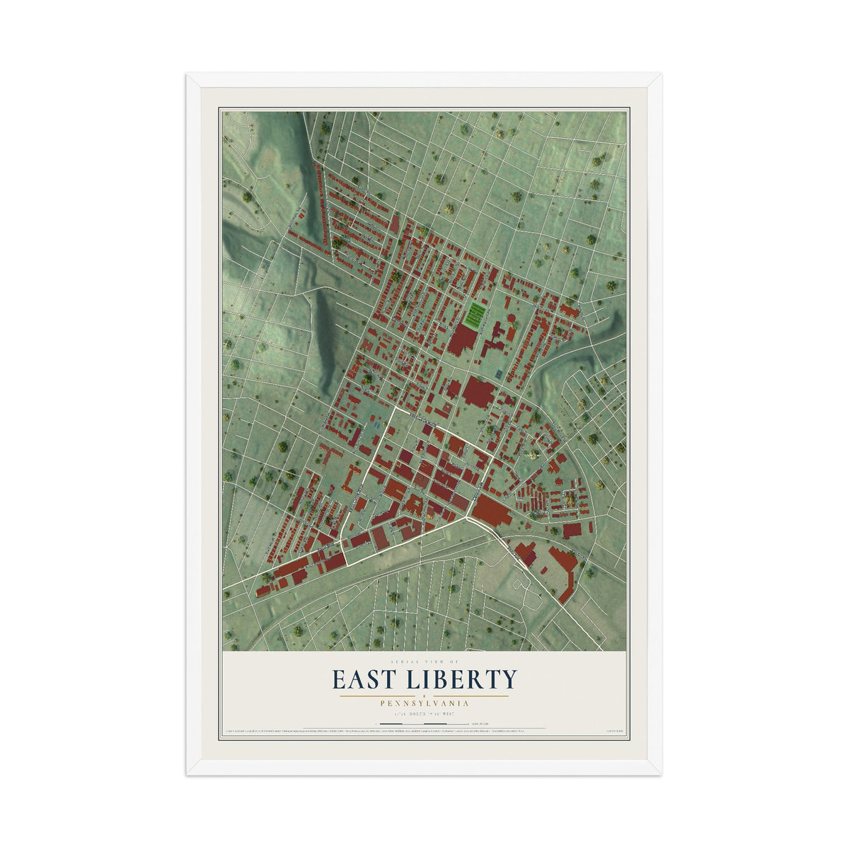 Map of East Liberty, Pennsylvania, 12 x 18 inch print in a white wood frame