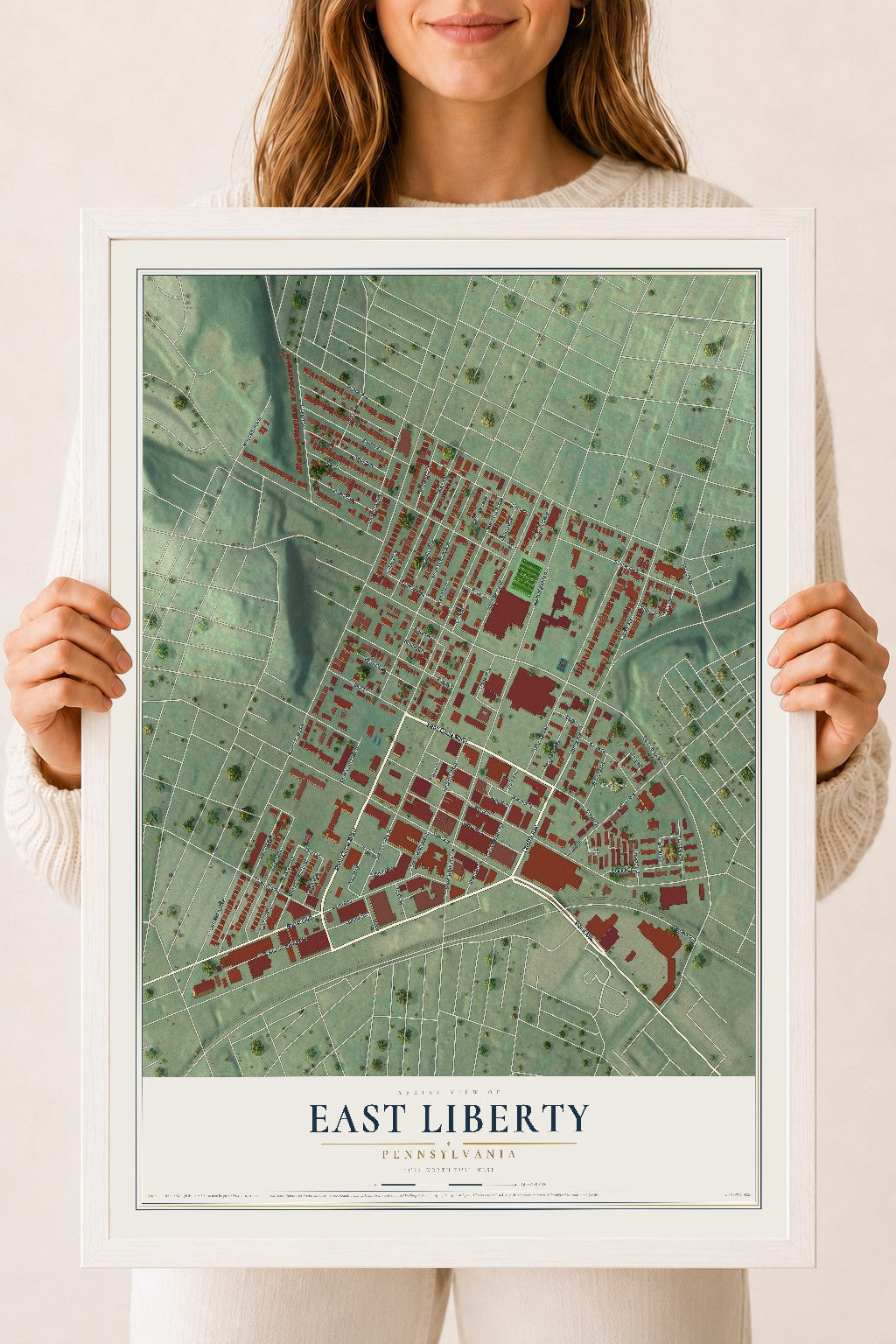 Map of East Liberty, Pennsylvania, 18 x 24 inch print in a white wood frame