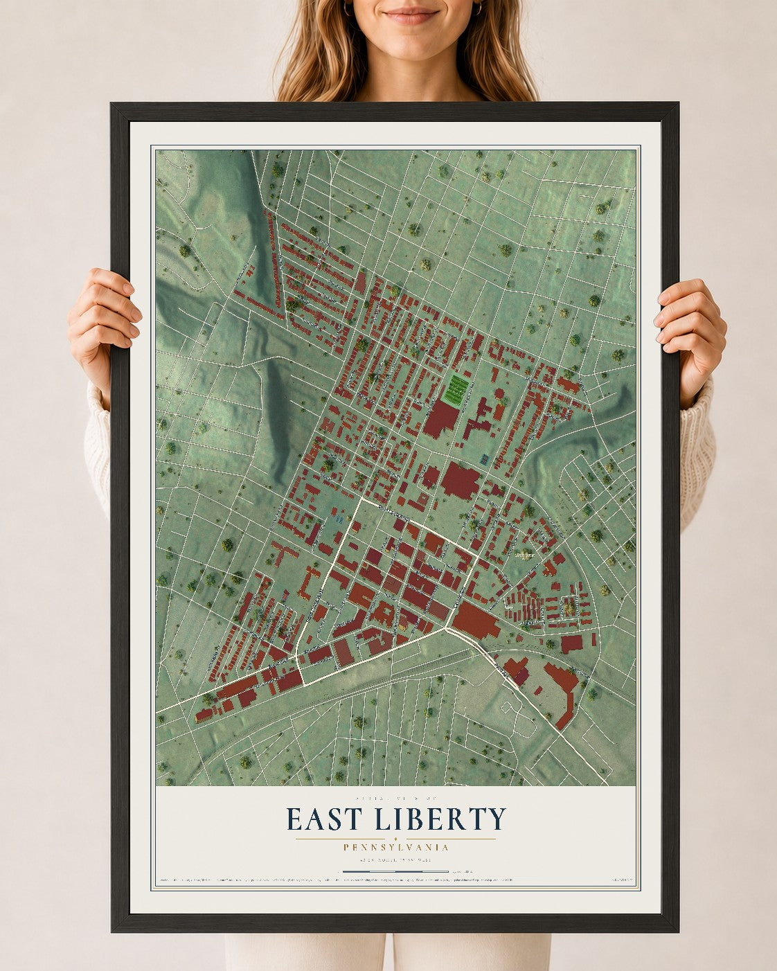 Map of East Liberty, Pennsylvania, 24 x 36 inch print in a black wood frame