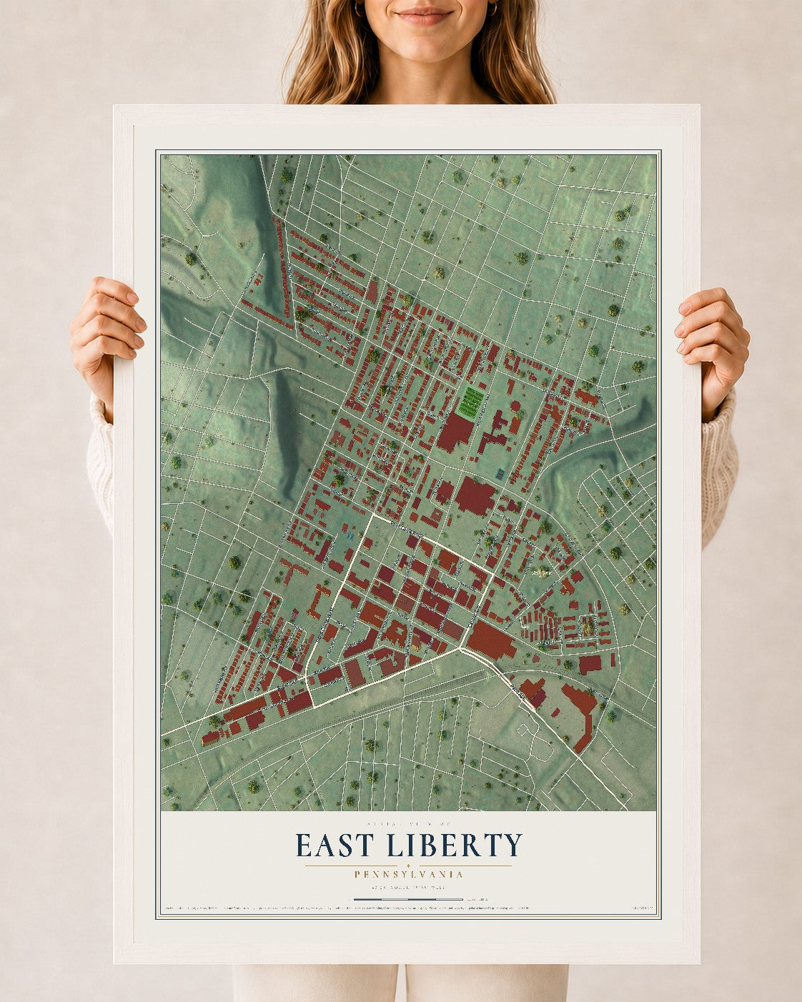 Map of East Liberty, Pennsylvania, 24 x 36 inch print in a white wood frame