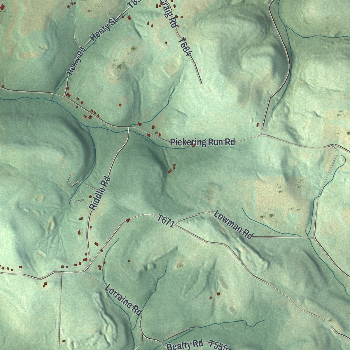 Close-up of the map of East Mahoning, Pennsylvania print showing street and building detail