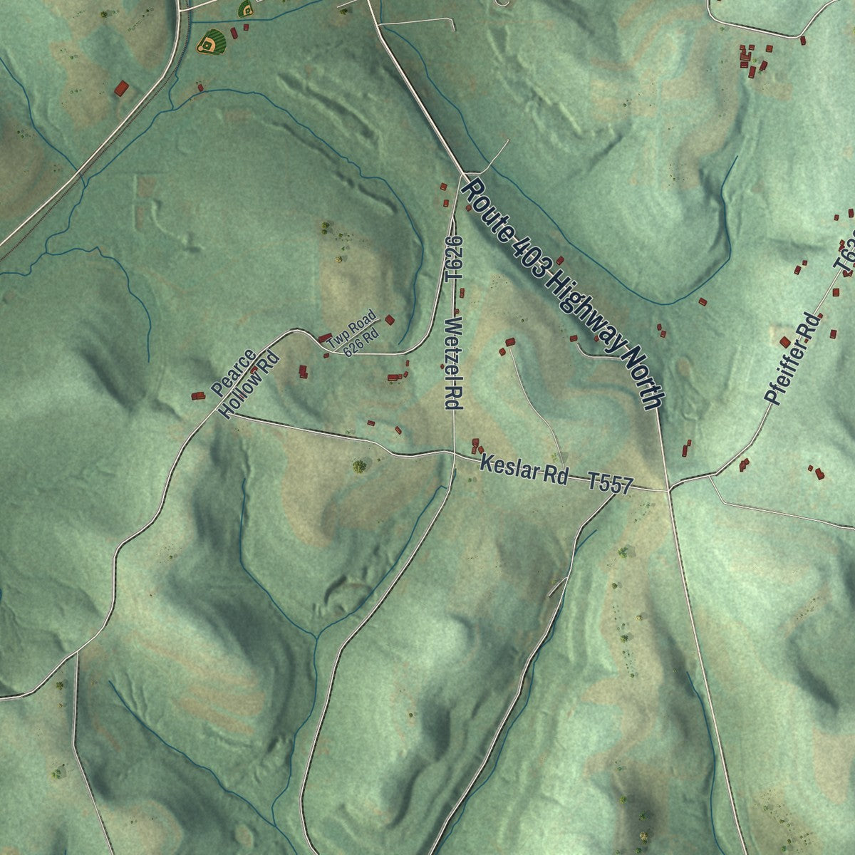 Second close-up of the map of East Mahoning, Pennsylvania print showing more streets and buildings