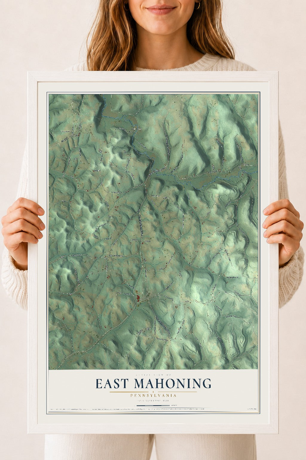 Map of East Mahoning, Pennsylvania, 18 x 24 inch print in a white wood frame