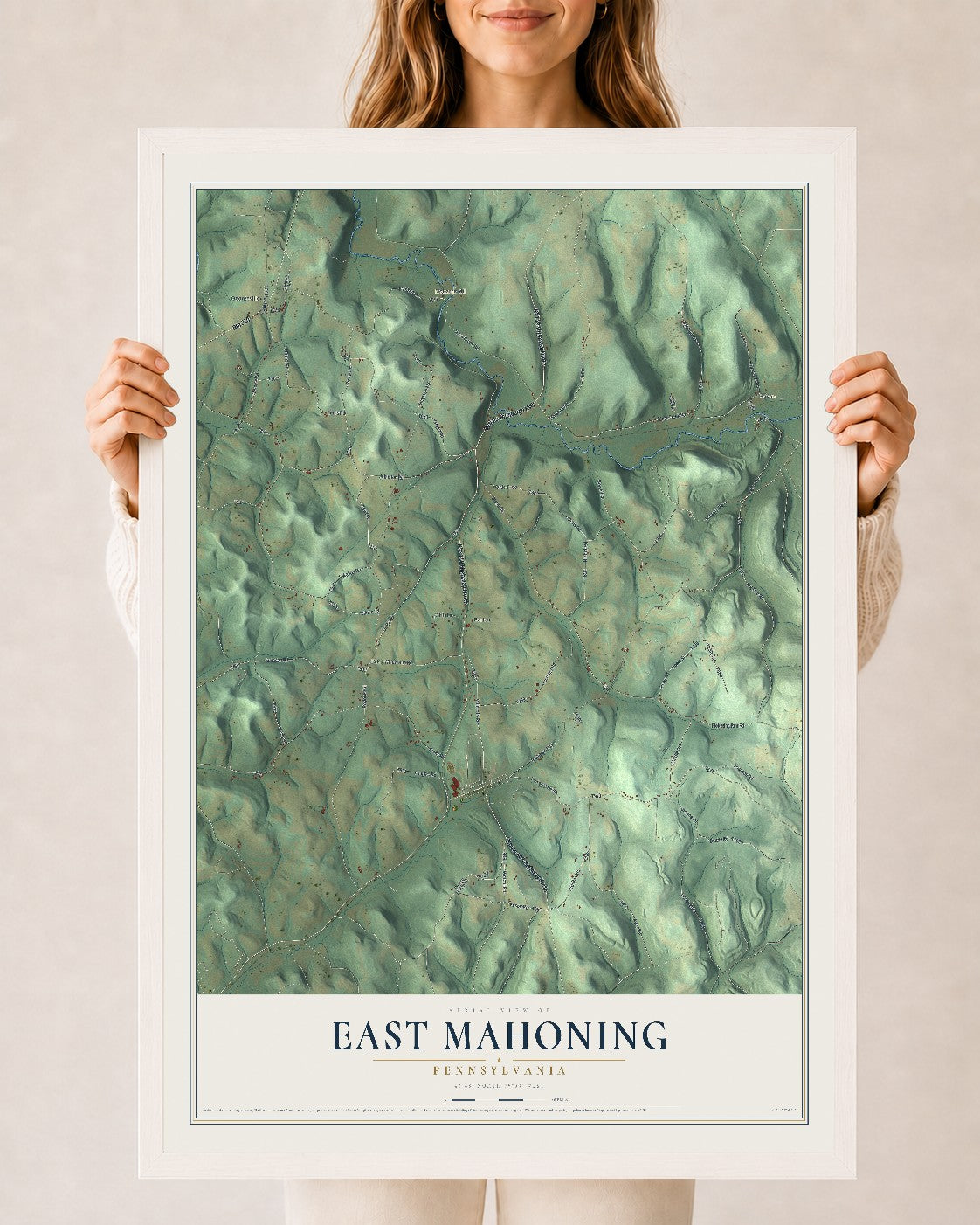 Map of East Mahoning, Pennsylvania, 24 x 36 inch print in a white wood frame
