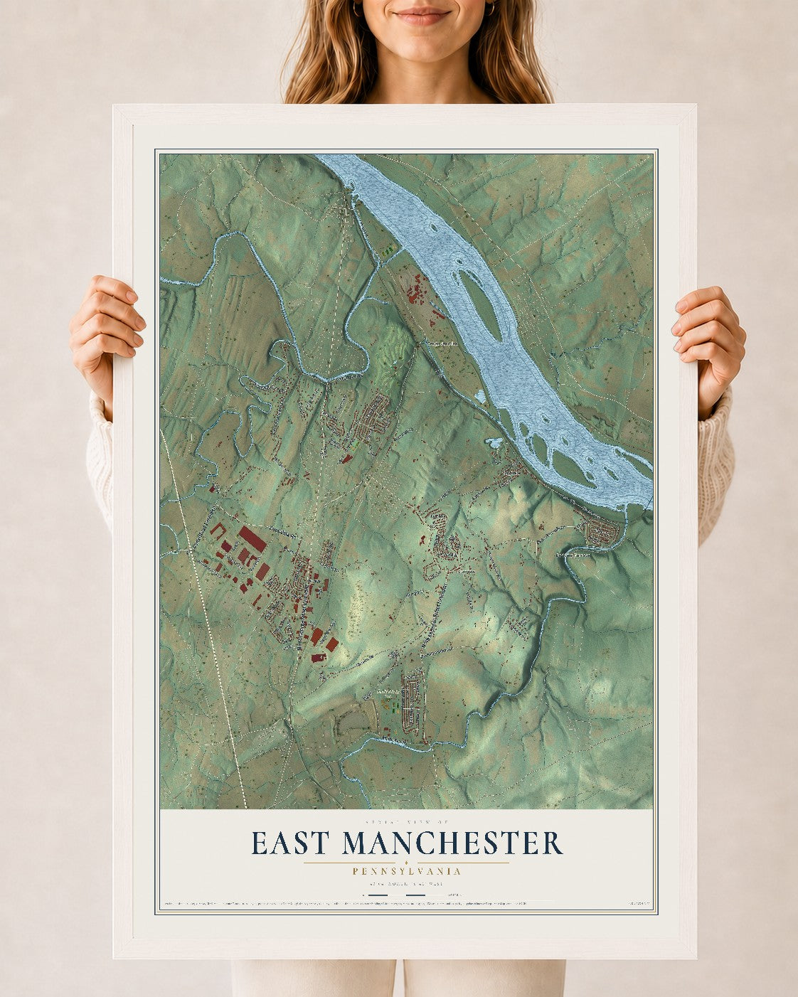 Map of East Manchester, Pennsylvania, 24 x 36 inch print in a white wood frame