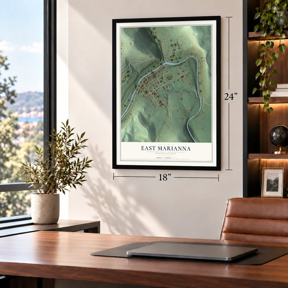 East Marianna, Pennsylvania map, 18 x 24 inch print in a black frame in a home office
