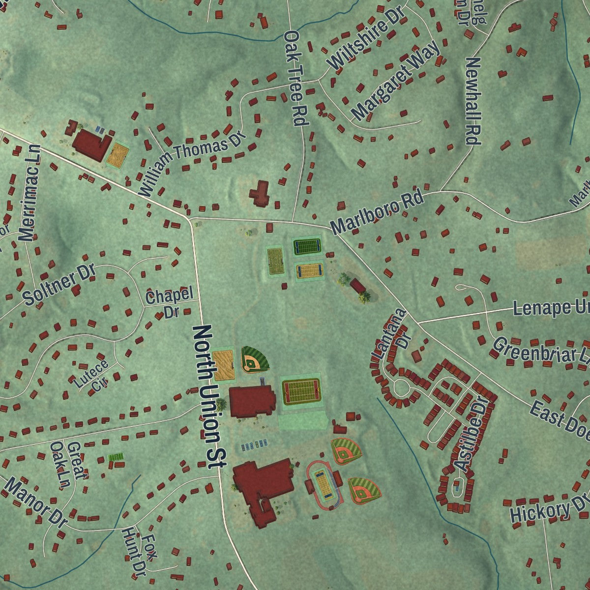 Close-up of the map of East Marlborough, Pennsylvania print showing street and building detail
