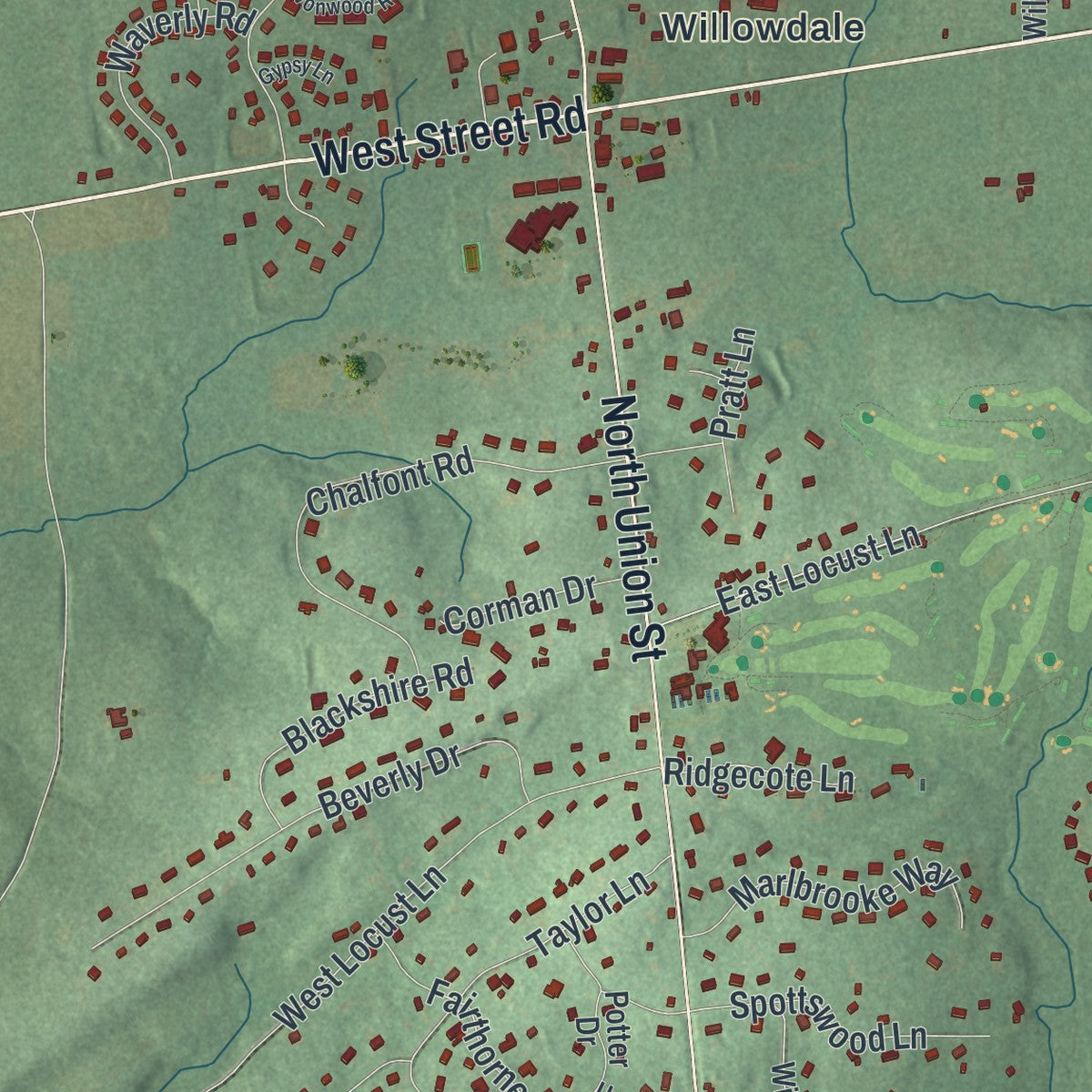 Second close-up of the map of East Marlborough, Pennsylvania print showing more streets and buildings
