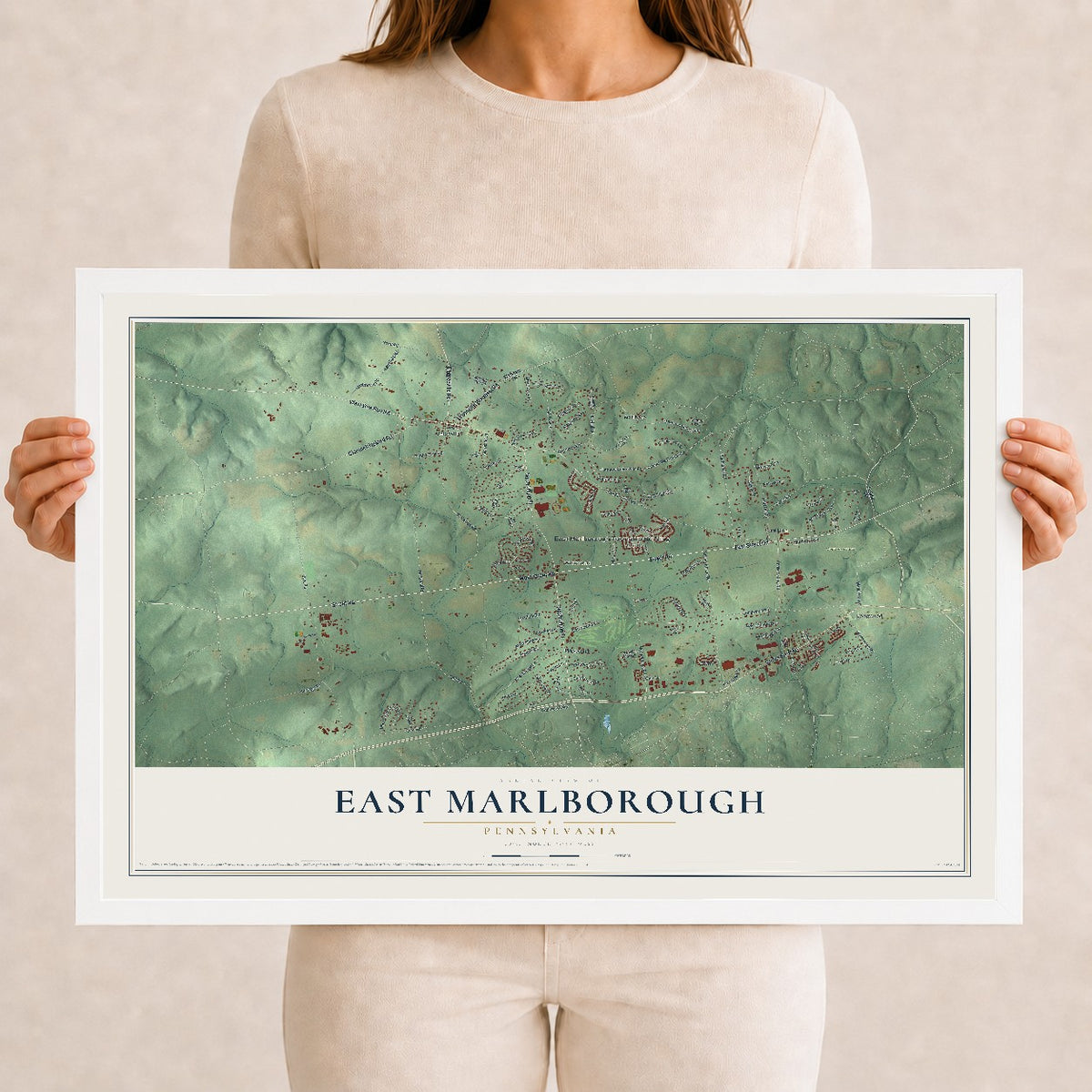 Map of East Marlborough, Pennsylvania, 12 x 18 inch print in a white wood frame