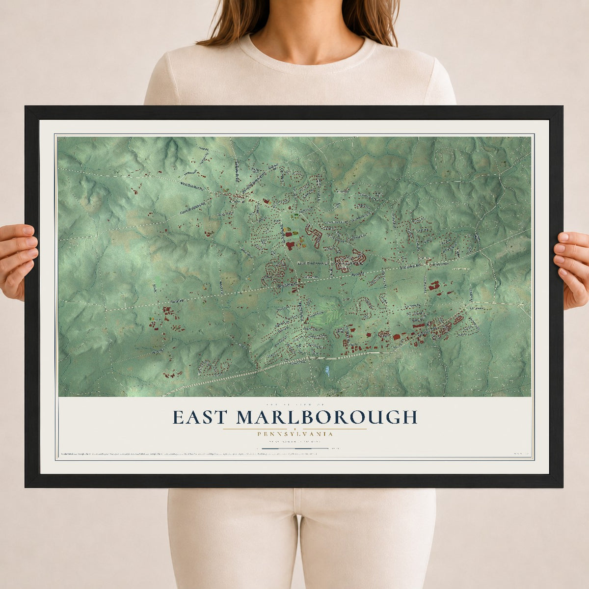 Map of East Marlborough, Pennsylvania, 18 x 24 inch print in a black wood frame