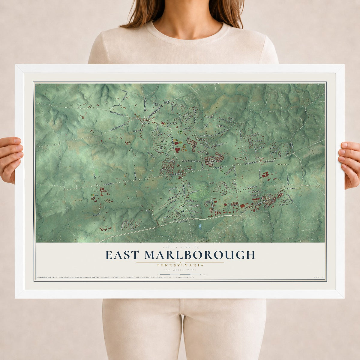 Map of East Marlborough, Pennsylvania, 18 x 24 inch print in a white wood frame