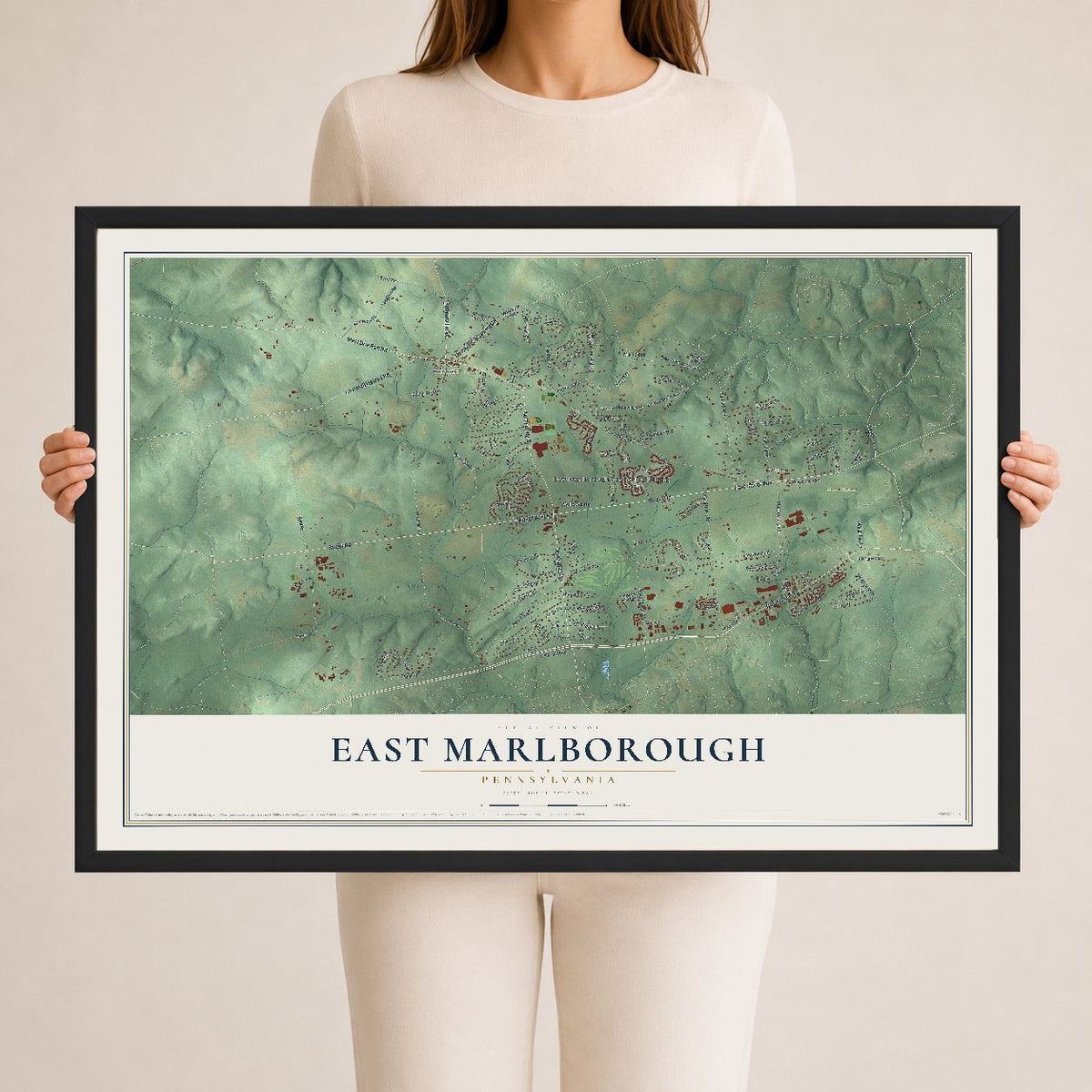 Map of East Marlborough, Pennsylvania, 24 x 36 inch print in a black wood frame