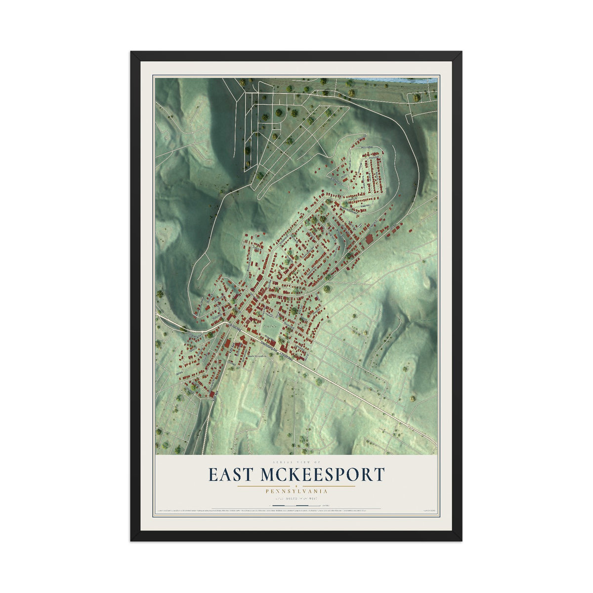Map of East McKeesport, Pennsylvania, 12 x 18 inch print in a black wood frame