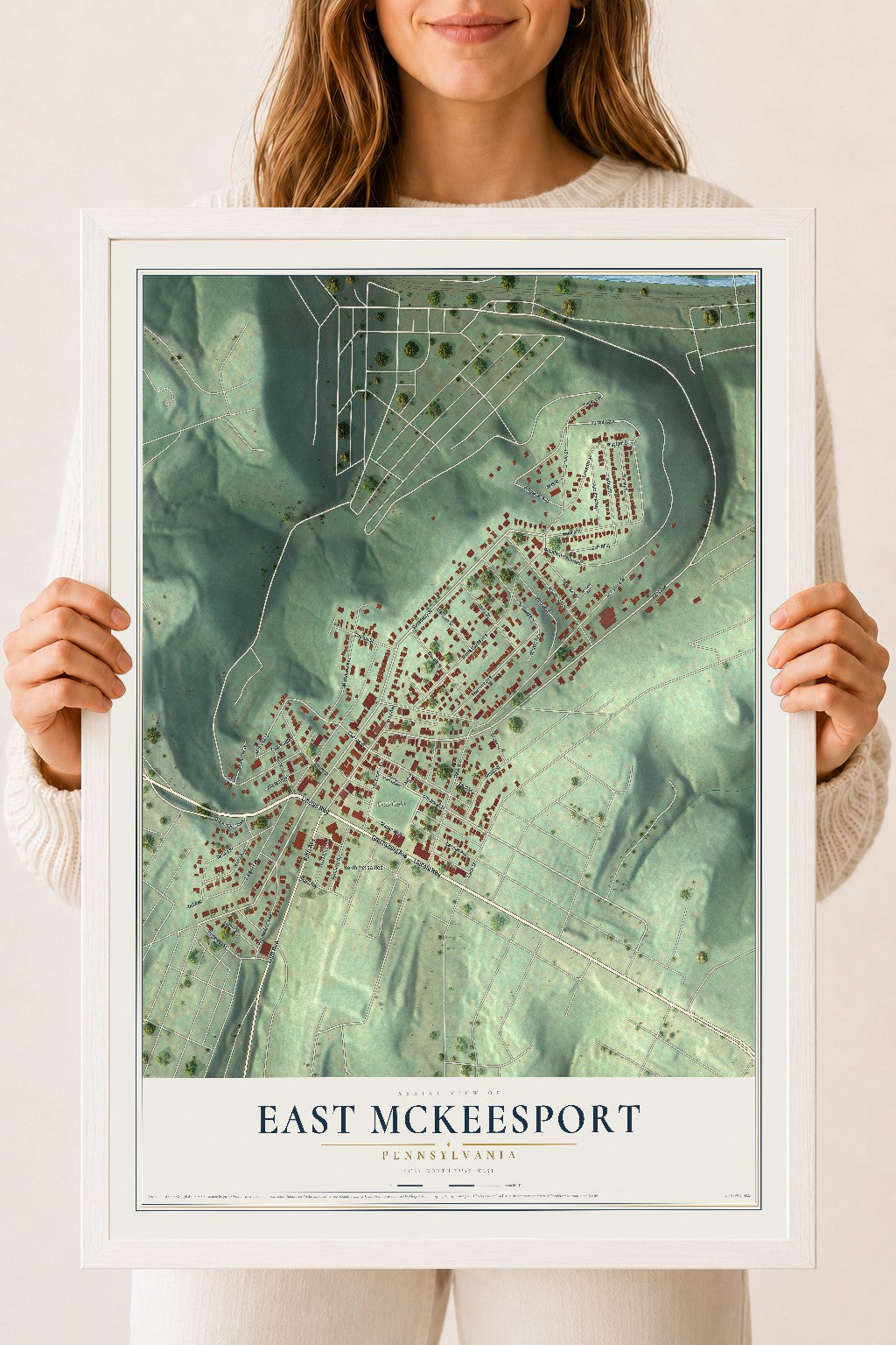Map of East McKeesport, Pennsylvania, 18 x 24 inch print in a white wood frame