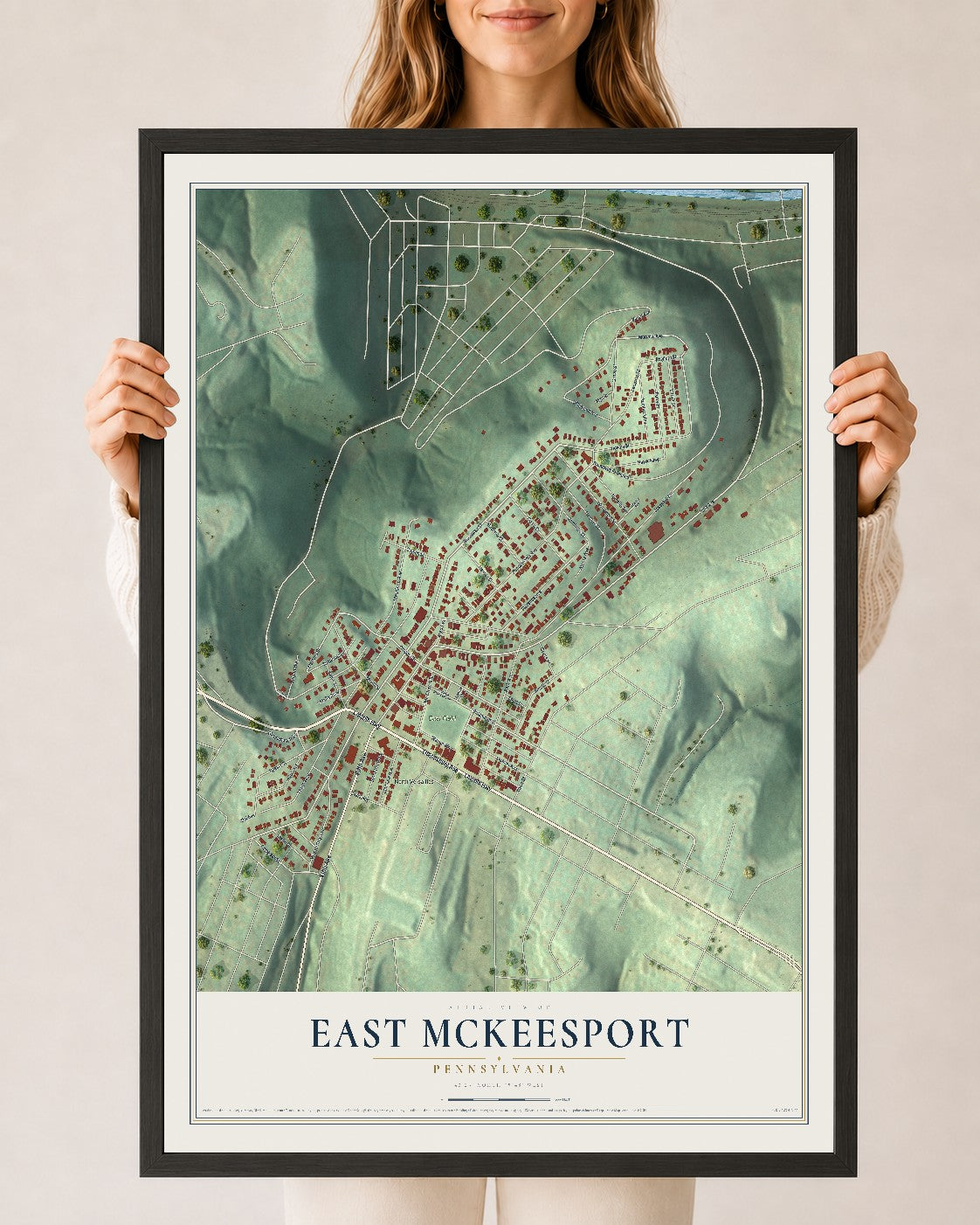 Map of East McKeesport, Pennsylvania, 24 x 36 inch print in a black wood frame