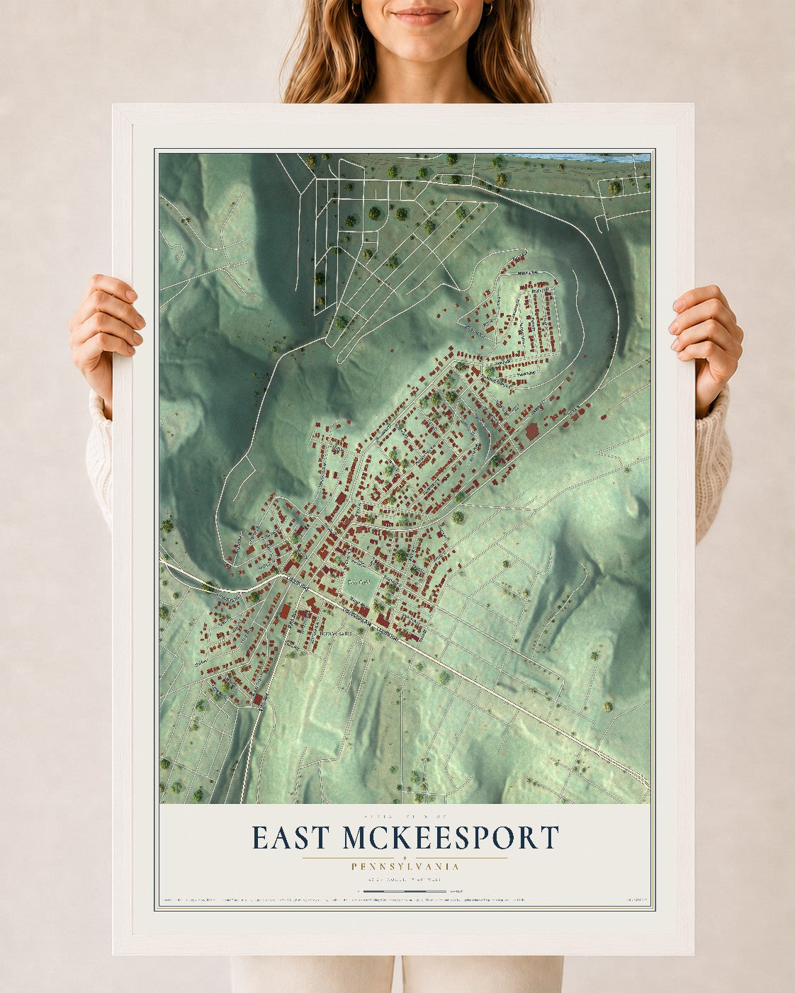 Map of East McKeesport, Pennsylvania, 24 x 36 inch print in a white wood frame
