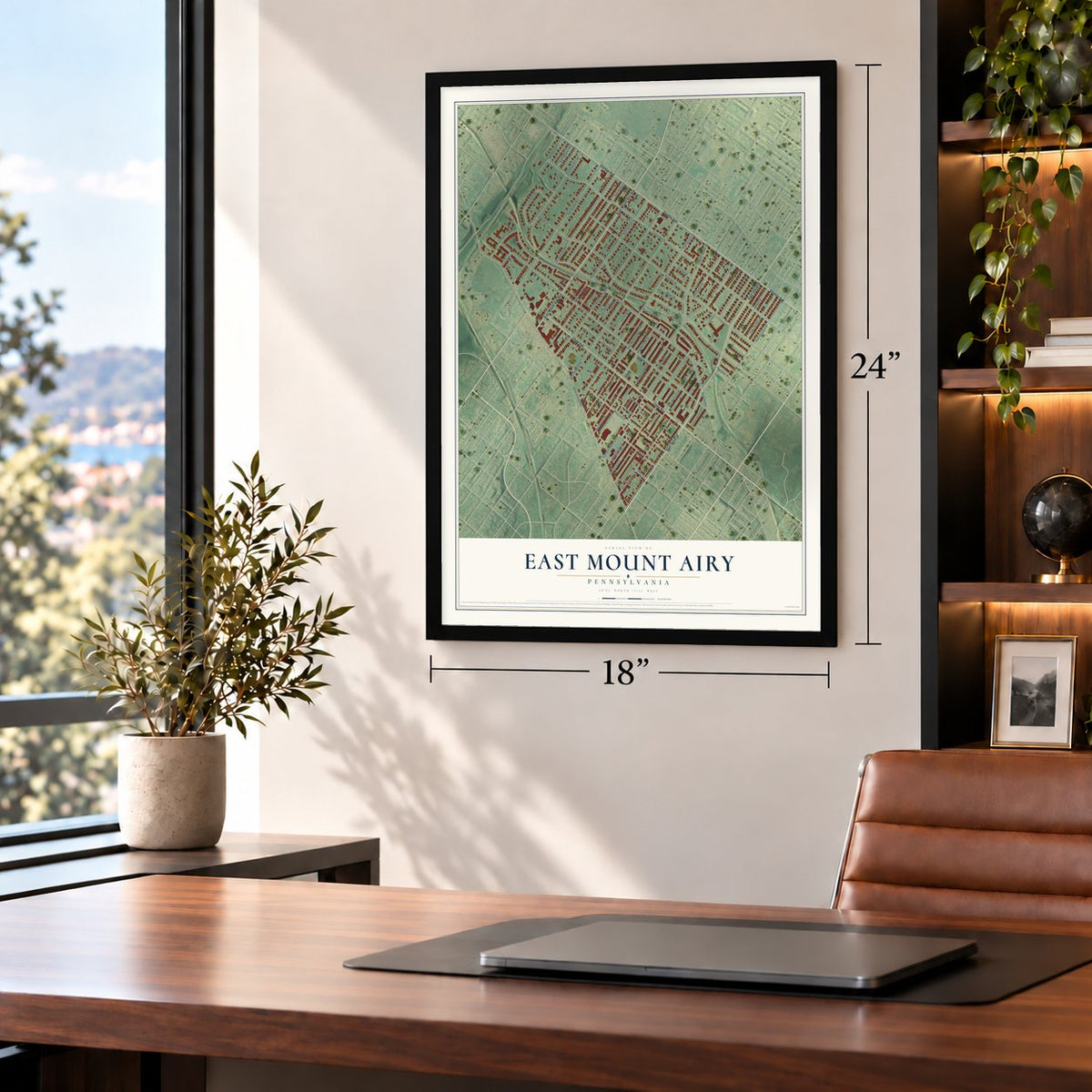 East Mount Airy, Pennsylvania map, 18 x 24 inch print in a black frame in a home office