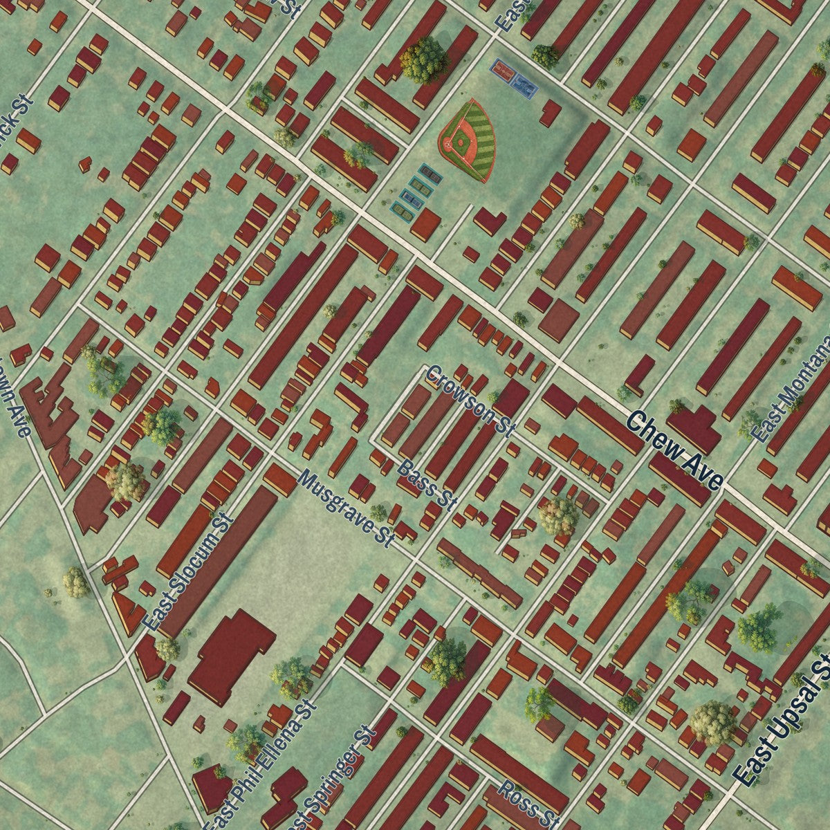 Close-up of the map of East Mount Airy, Pennsylvania print showing street and building detail