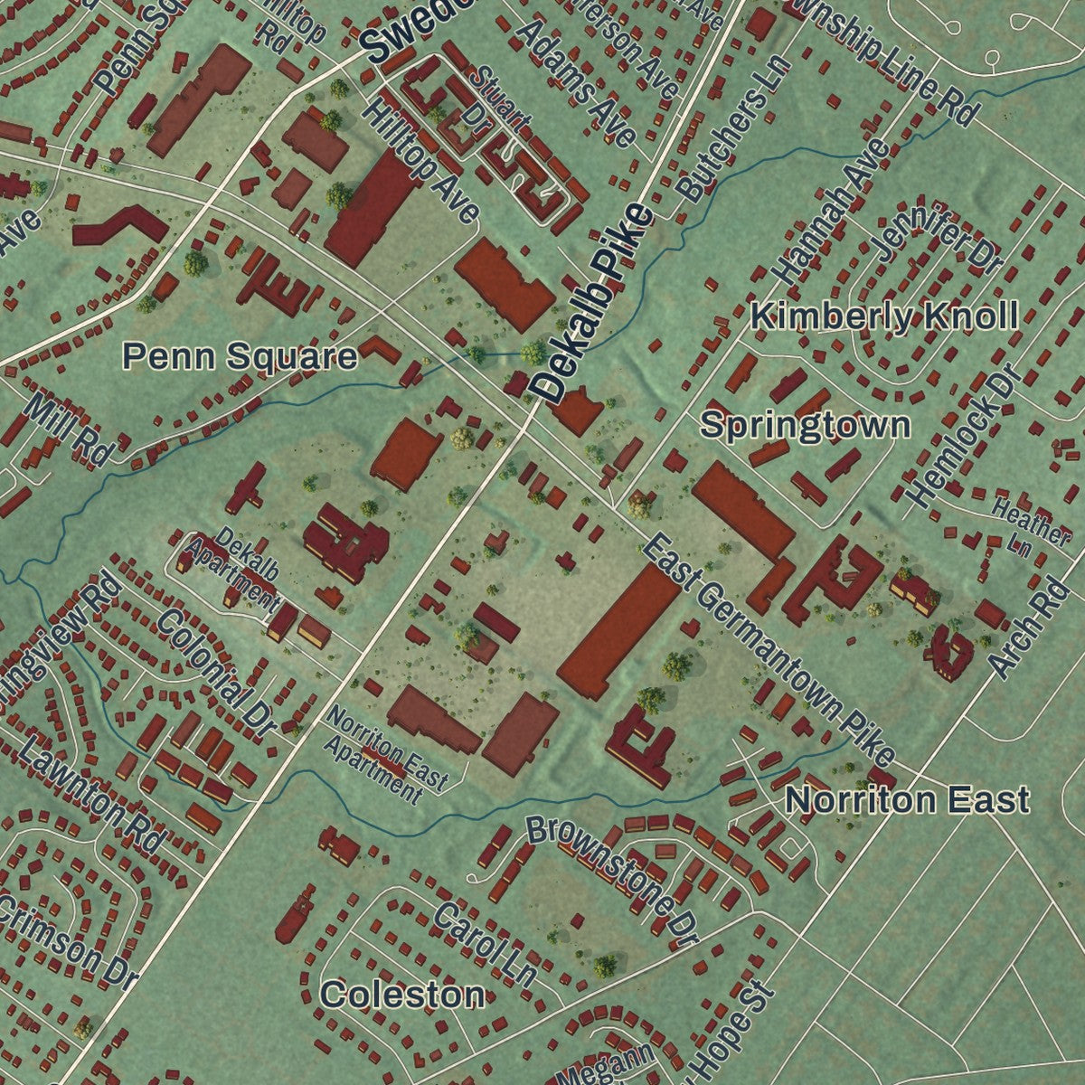 Close-up of the map of East Norriton, Pennsylvania print showing street and building detail