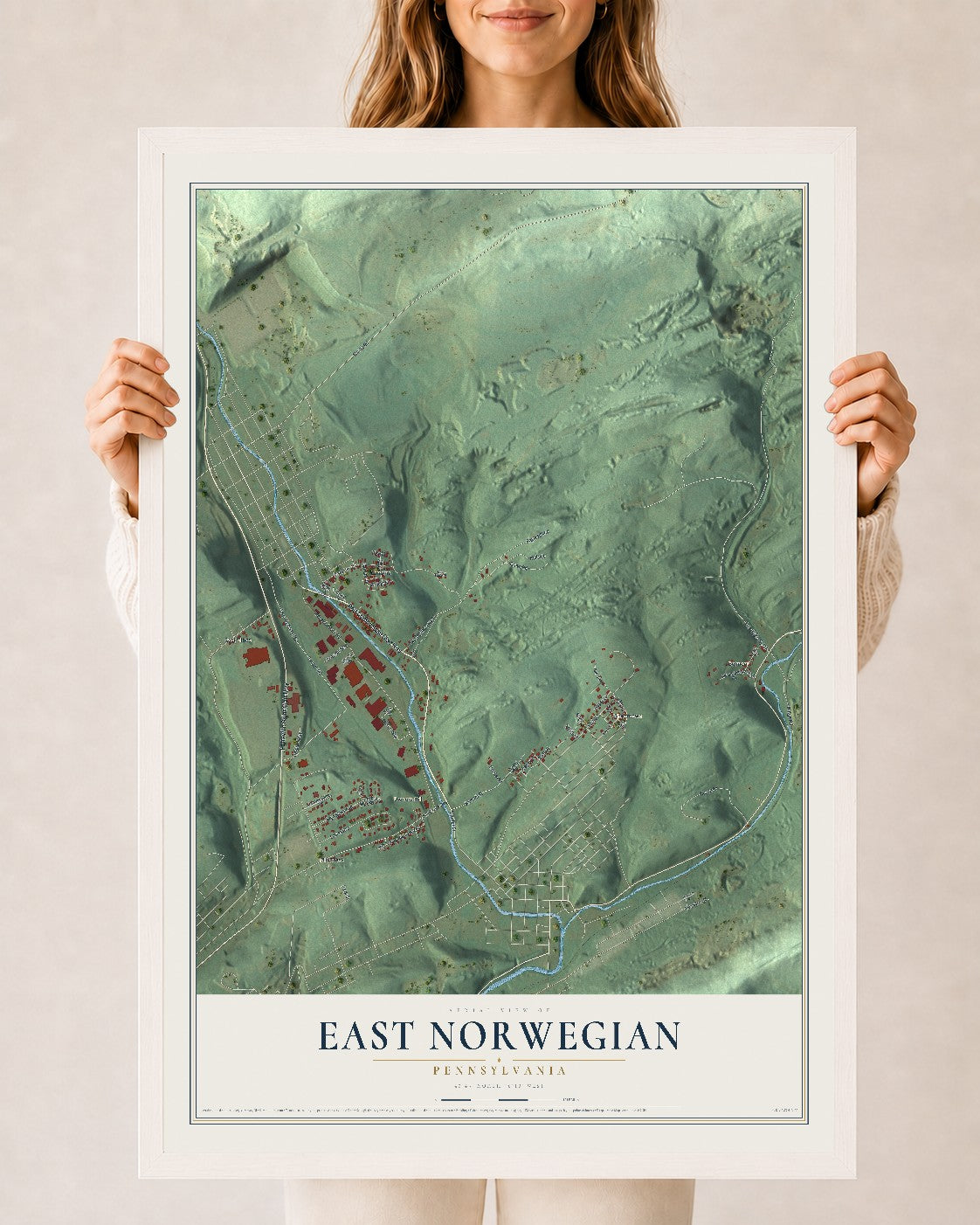 Map of East Norwegian, Pennsylvania, 24 x 36 inch print in a white wood frame