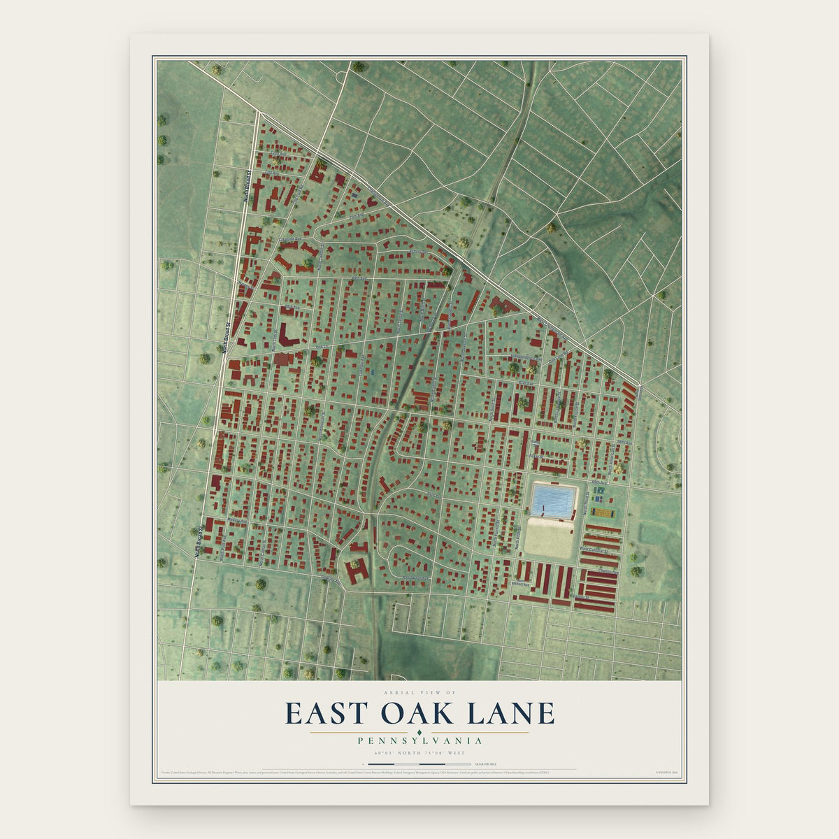 East Oak Lane, Pennsylvania map print, the full design