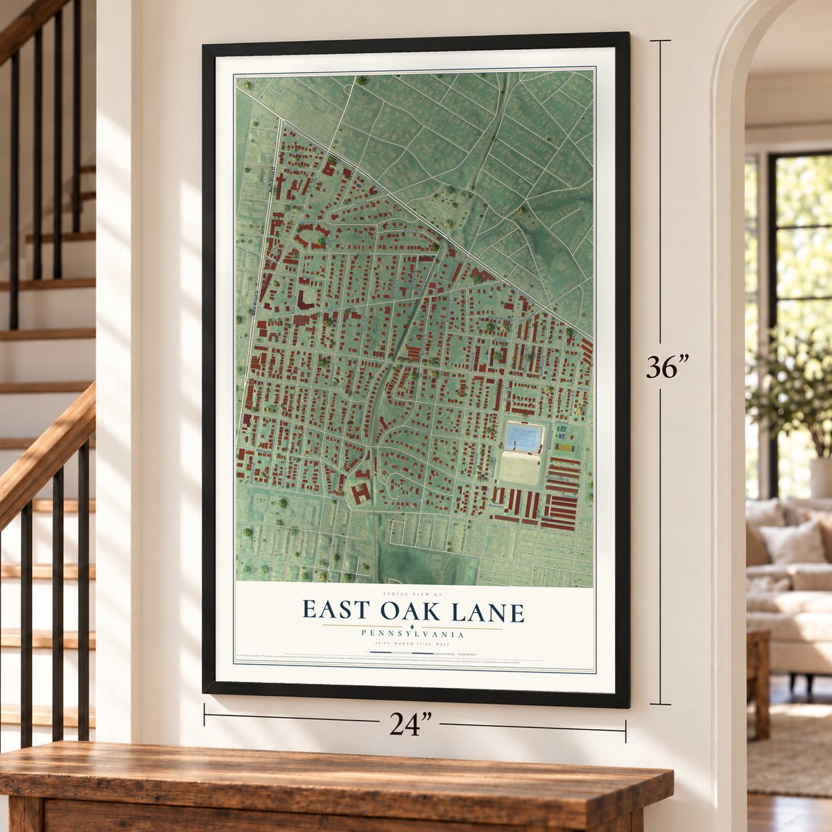 East Oak Lane, Pennsylvania map, 24 x 36 inch print in a black frame by a staircase