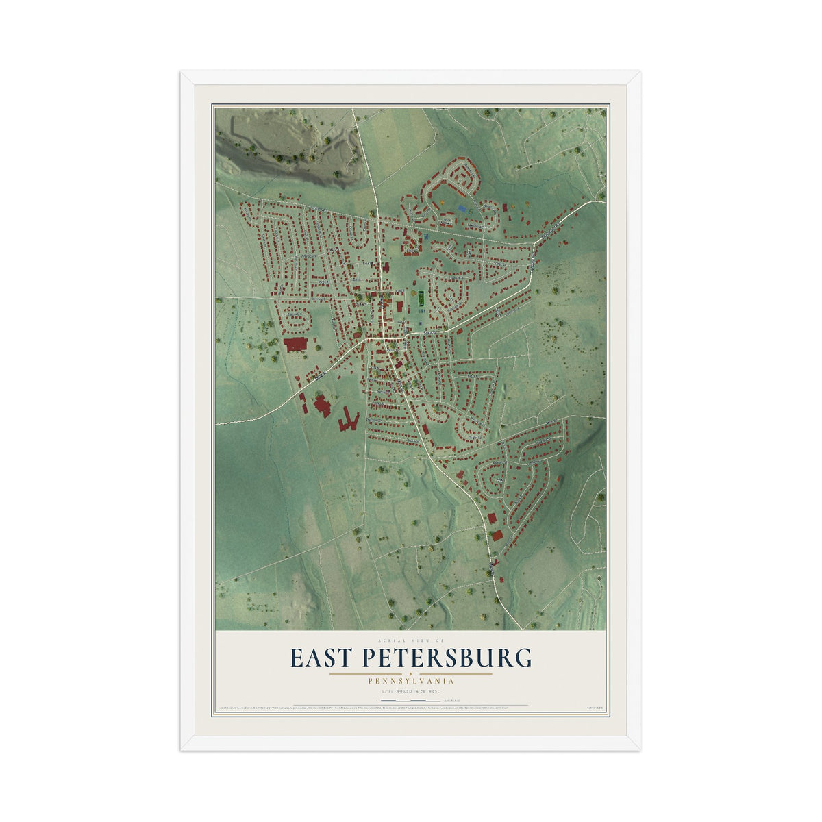 Map of East Petersburg, Pennsylvania, 12 x 18 inch print in a white wood frame