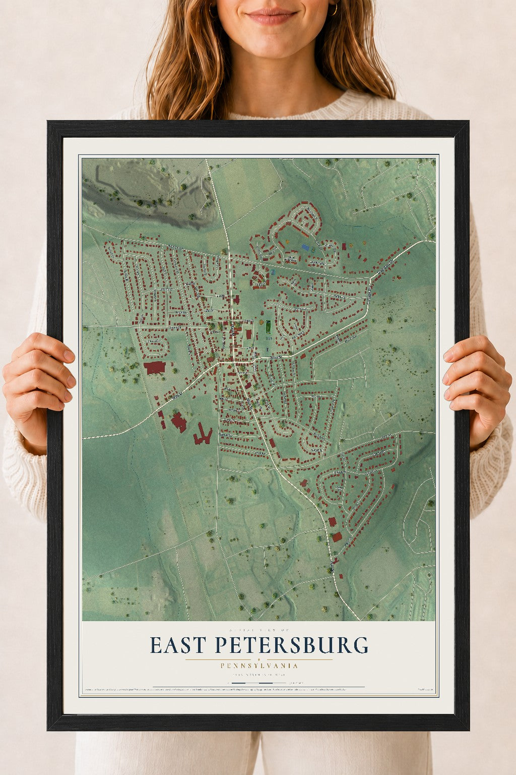 Map of East Petersburg, Pennsylvania, 18 x 24 inch print in a black wood frame